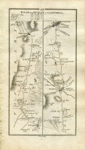 1778 Taylor & Skinner Antique Ireland Road Map 115/116 Urlingford Kilcooley Killenaule Fethard Clonmel Dublin Clondalkin Newlands Tipperary