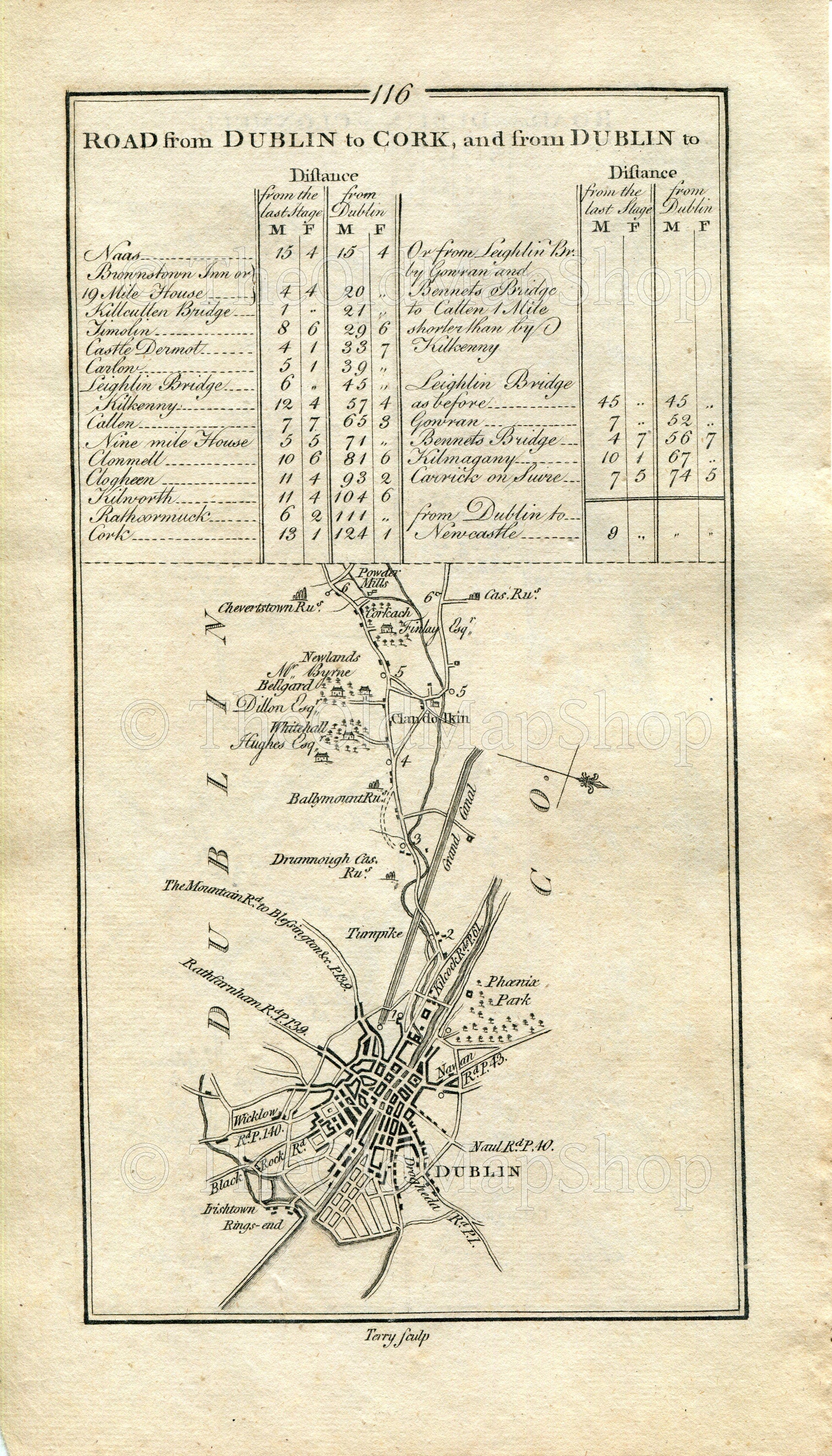 1778 Taylor & Skinner Antique Ireland Road Map 115/116 Urlingford Kilcooley Killenaule Fethard Clonmel Dublin Clondalkin Newlands Tipperary