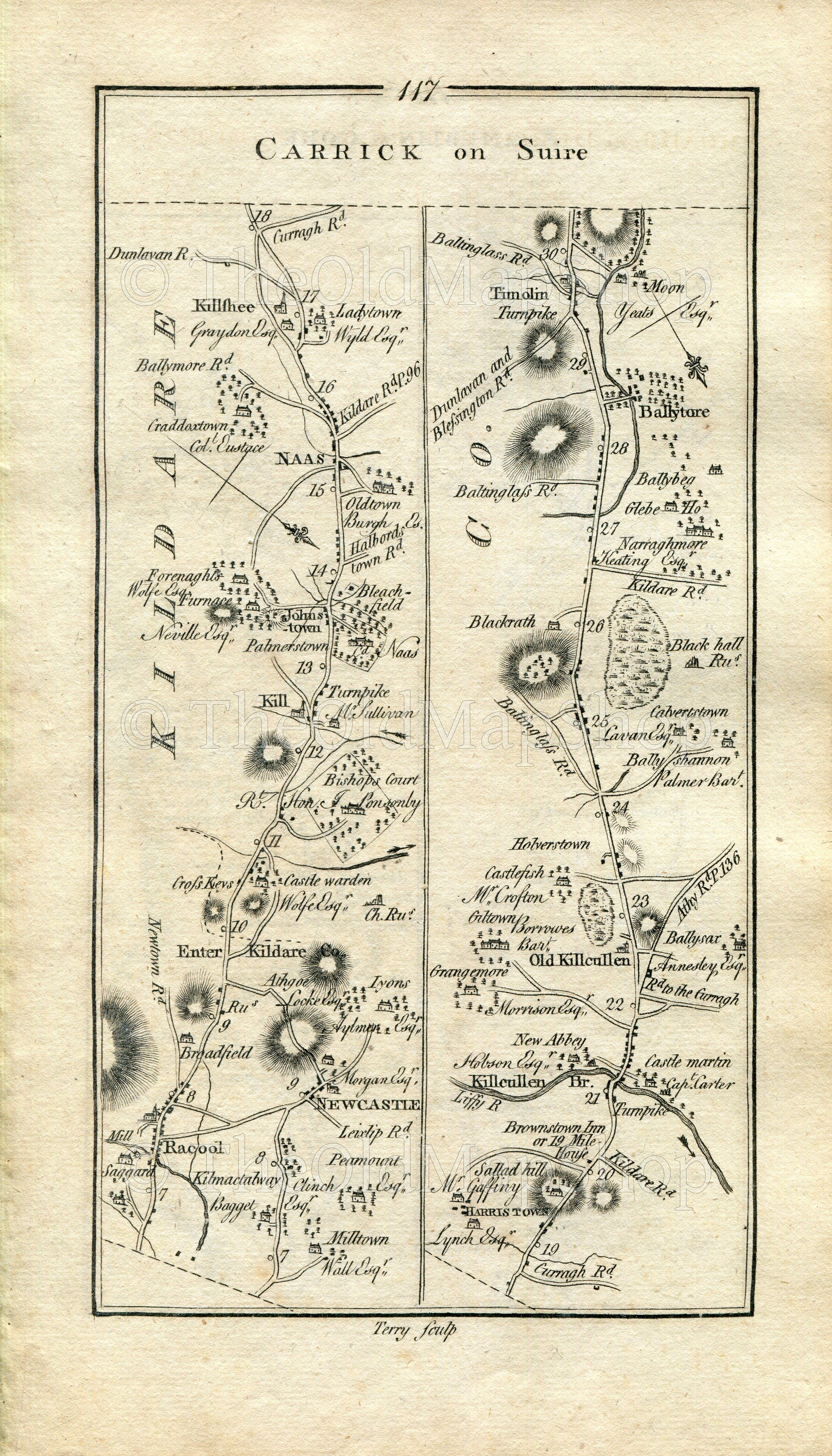1778 Taylor & Skinner Antique Ireland Road Map 117/118 Newcastle Kill Rathcoole Naas Killashee Kilcullen Johnstown Moone Castledermot Carlow