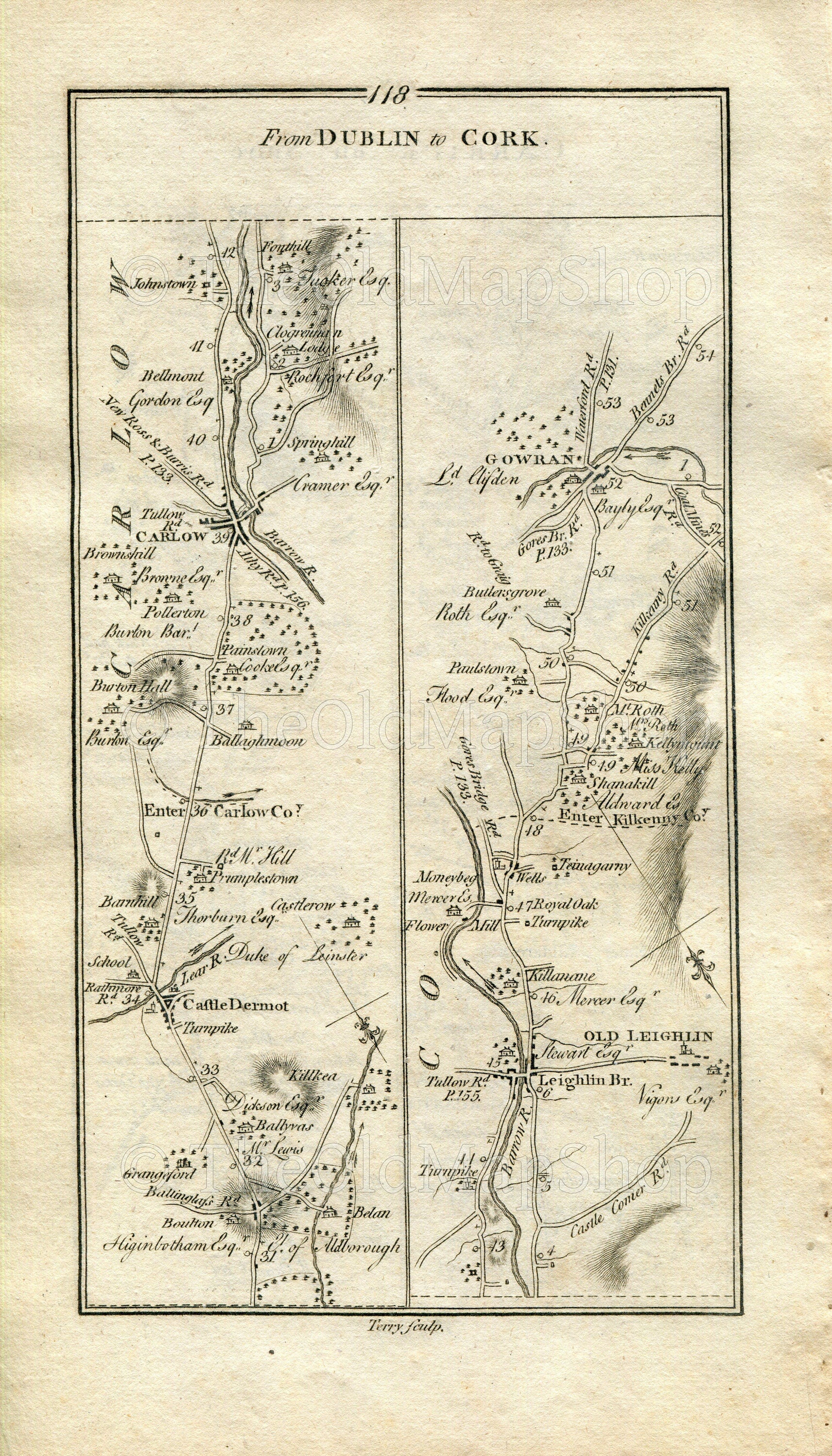 1778 Taylor & Skinner Antique Ireland Road Map 117/118 Newcastle Kill Rathcoole Naas Killashee Kilcullen Johnstown Moone Castledermot Carlow