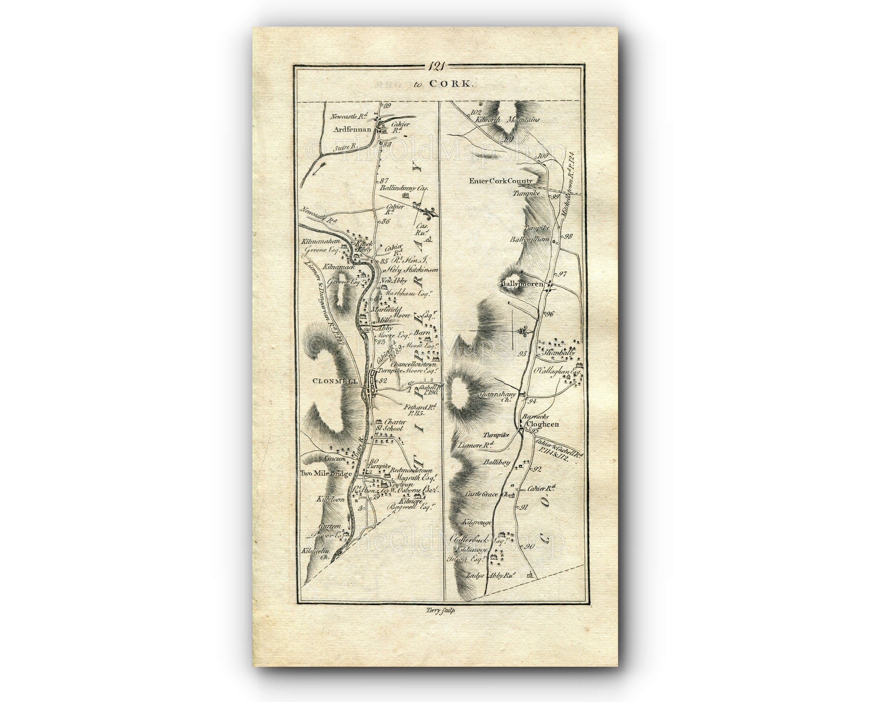1778 Taylor & Skinner Antique Ireland Road Map 121/122 Clonmel Killaloan Marlfield Ardfinnan Kilworth Fermoy Rathcormac Watergrasshill Cork