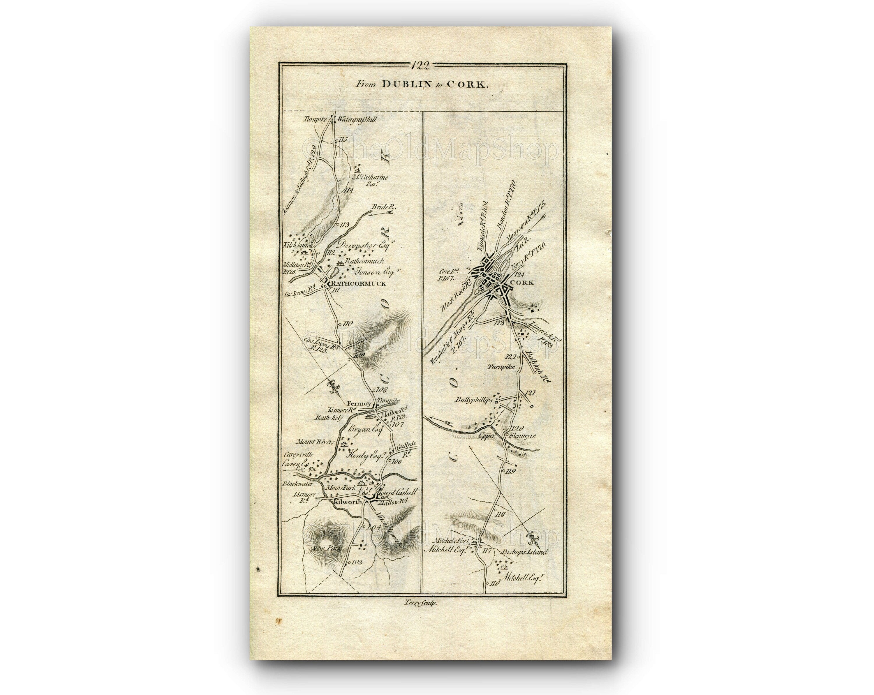1778 Taylor & Skinner Antique Ireland Road Map 121/122 Clonmel Killaloan Marlfield Ardfinnan Kilworth Fermoy Rathcormac Watergrasshill Cork