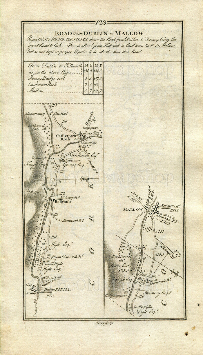 1778 Taylor & Skinner Antique Ireland Road Map 123/124 Ballyhooly Castletownroche Mallow Ballyporeen Mitchelstown Kildorrery Doneraile Cork