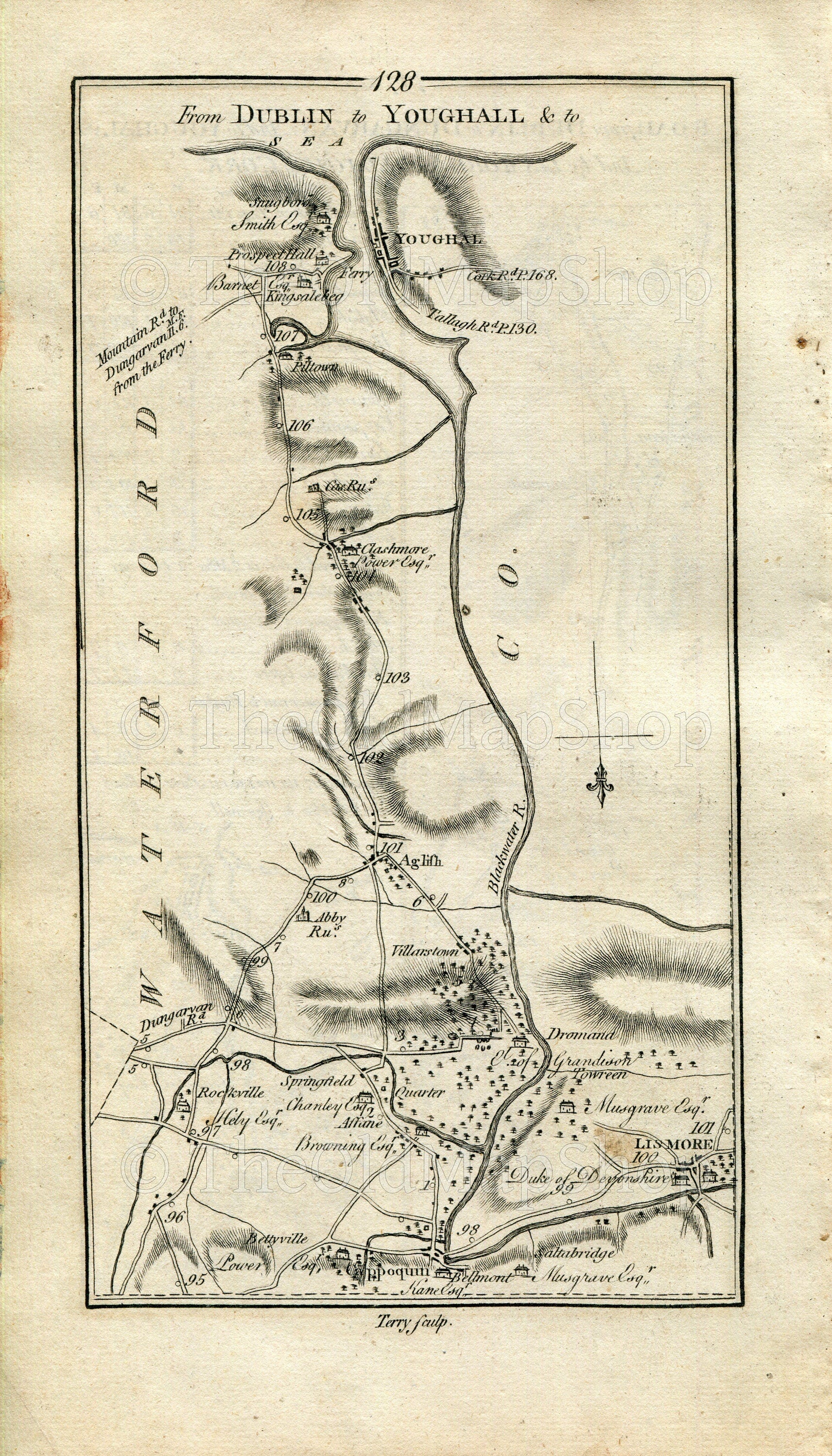 1778 Taylor & Skinner Antique Ireland Road Map 127/128 Kilmanahan Fourmilewater Dungarvan Lismore Villerstown Kinsaleneg Ferrypoint Youghal