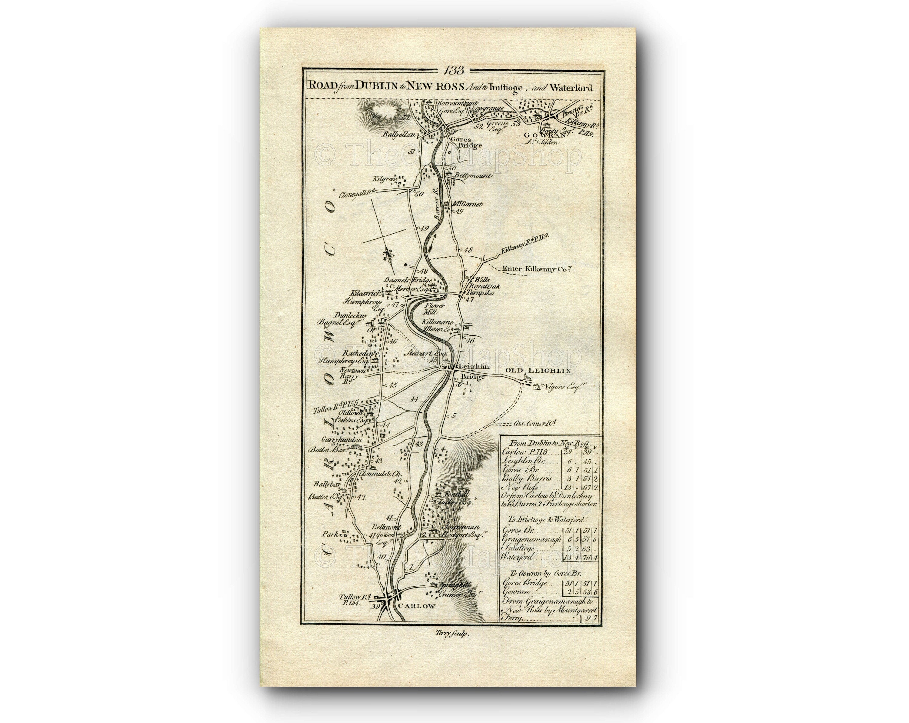 1778 Taylor & Skinner Antique Ireland Road Map 133/134 Carlow Leighlinbridge Goresbridge Gowran Borris Graiguenamanagh St Mullin's New Ross