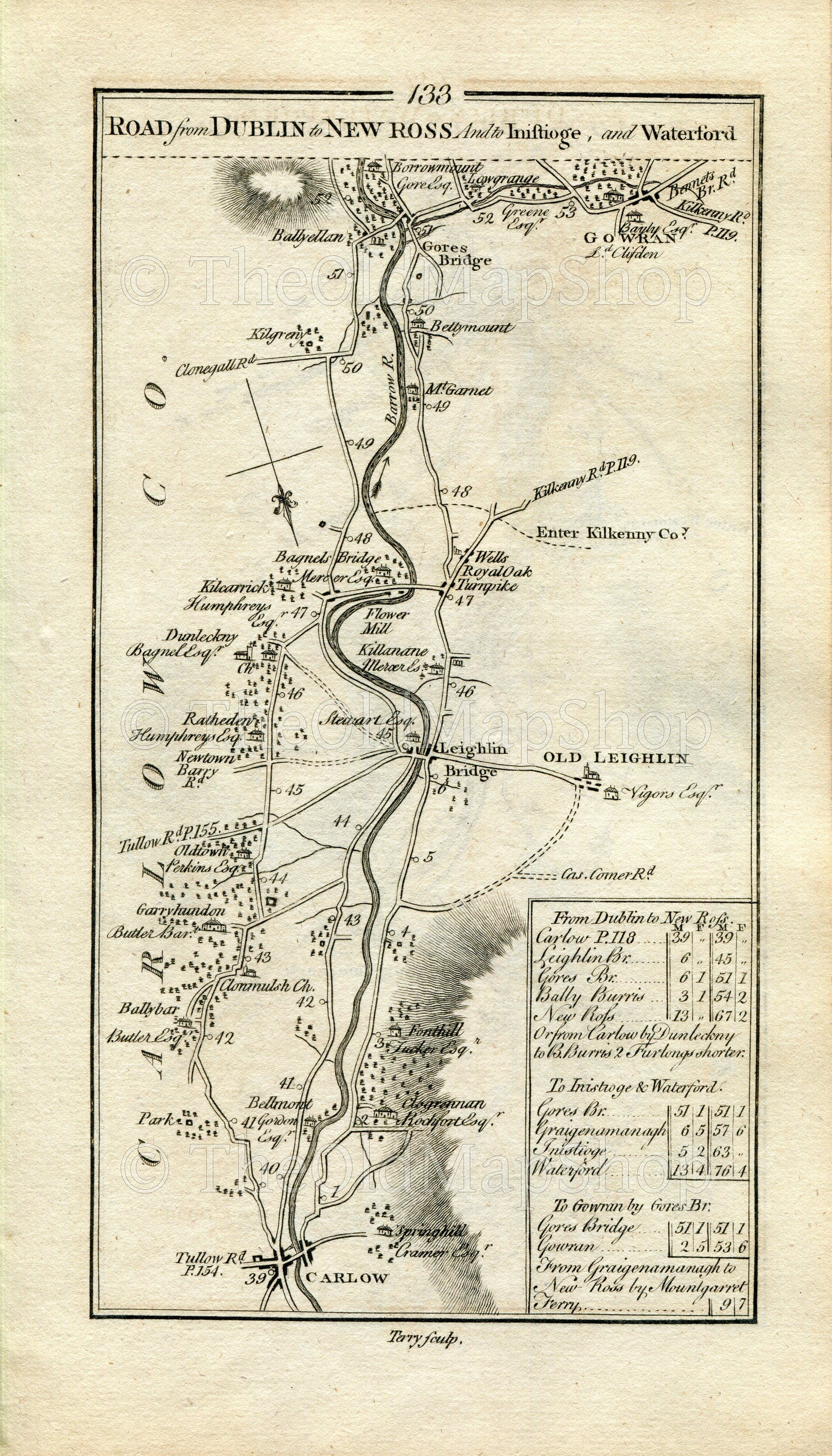 1778 Taylor & Skinner Antique Ireland Road Map 133/134 Carlow Leighlinbridge Goresbridge Gowran Borris Graiguenamanagh St Mullin's New Ross