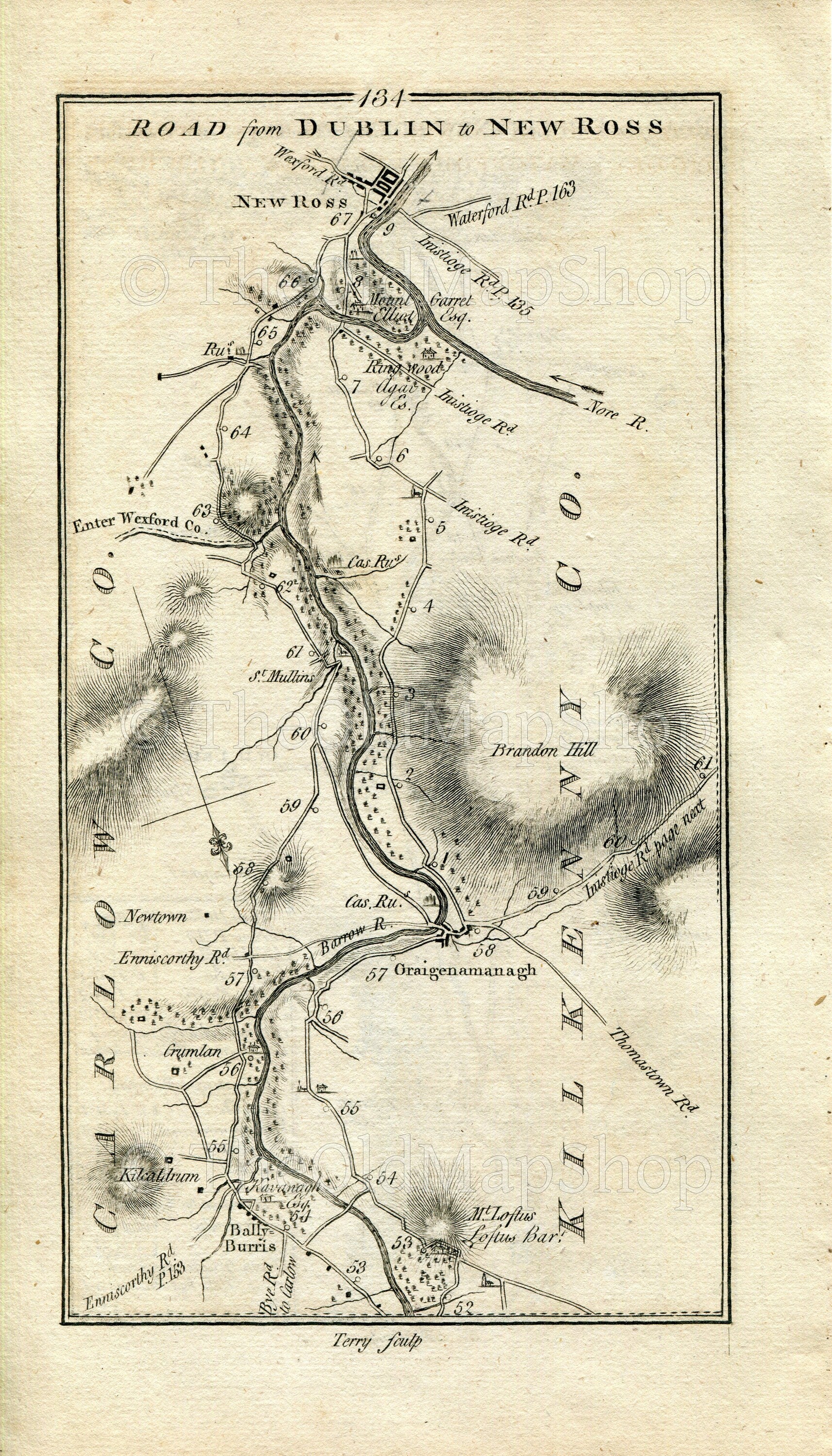 1778 Taylor & Skinner Antique Ireland Road Map 133/134 Carlow Leighlinbridge Goresbridge Gowran Borris Graiguenamanagh St Mullin's New Ross