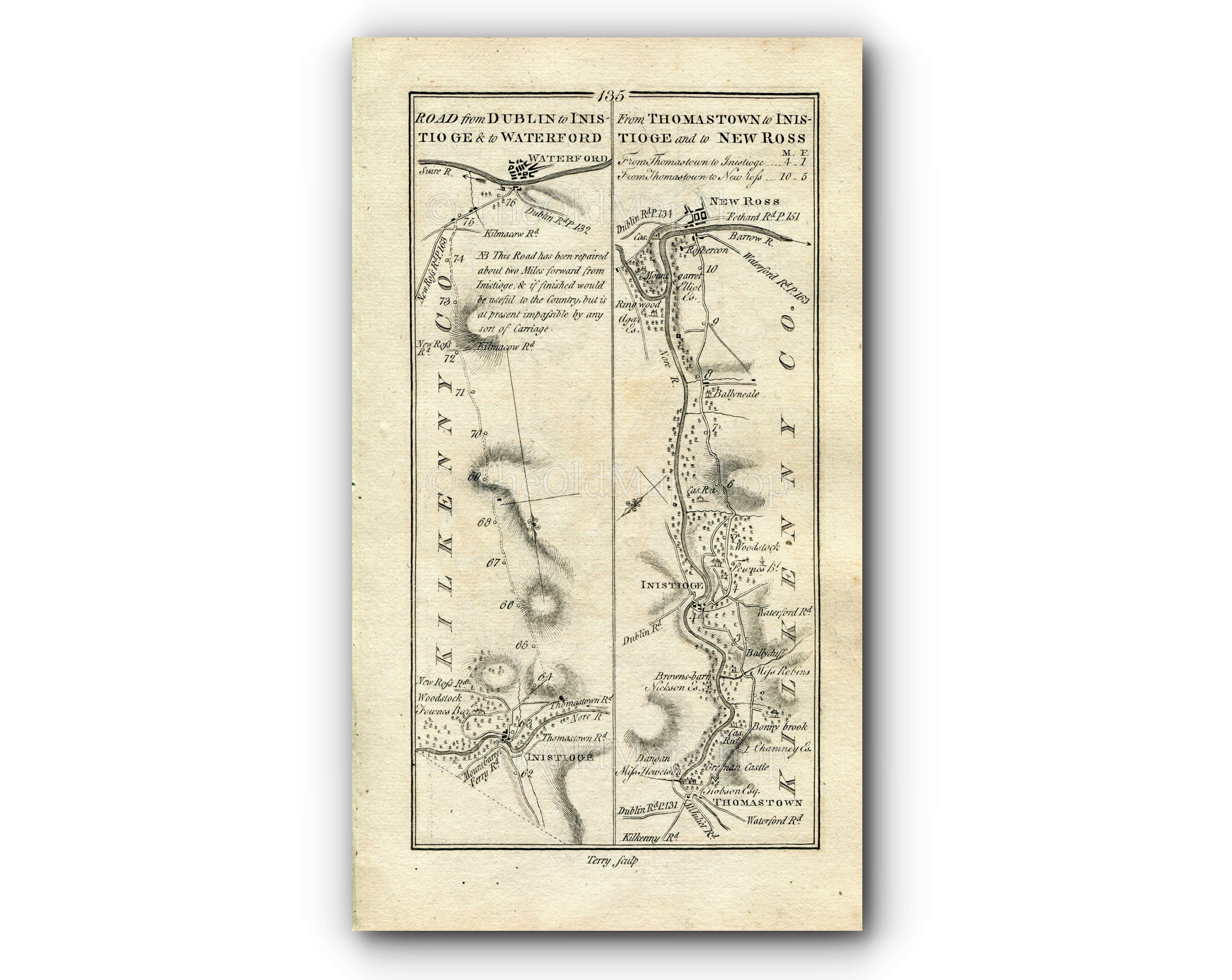 1778 Taylor & Skinner Antique Ireland Road Map 135/136 Inistioge Woodstock Waterford Thomastown Kilcullen Ballylinan Kilkenny Kildare Laois