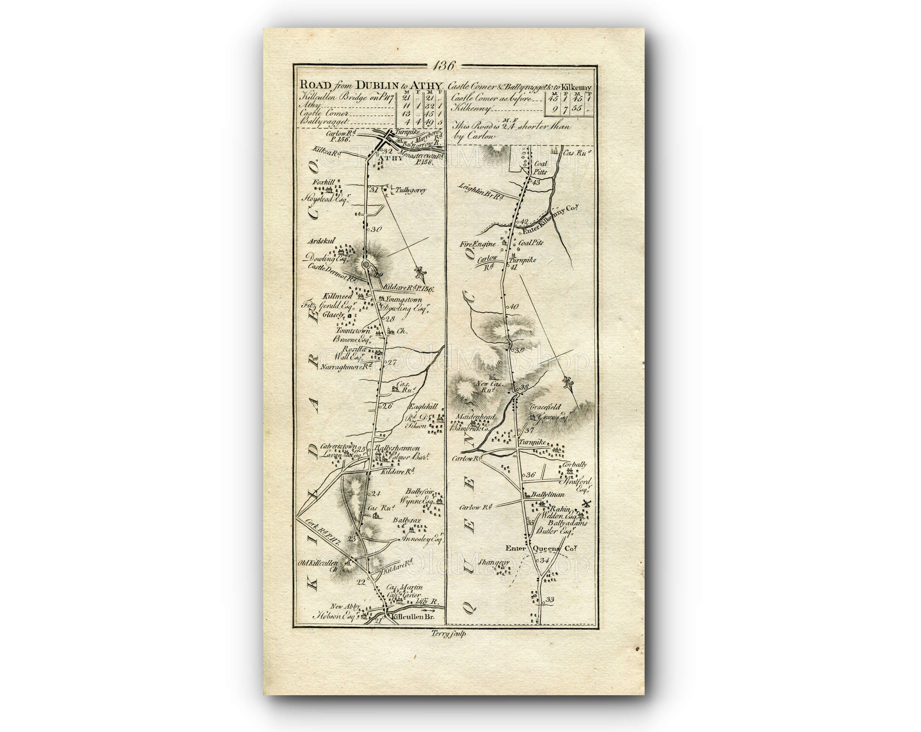 1778 Taylor & Skinner Antique Ireland Road Map 135/136 Inistioge Woodstock Waterford Thomastown Kilcullen Ballylinan Kilkenny Kildare Laois