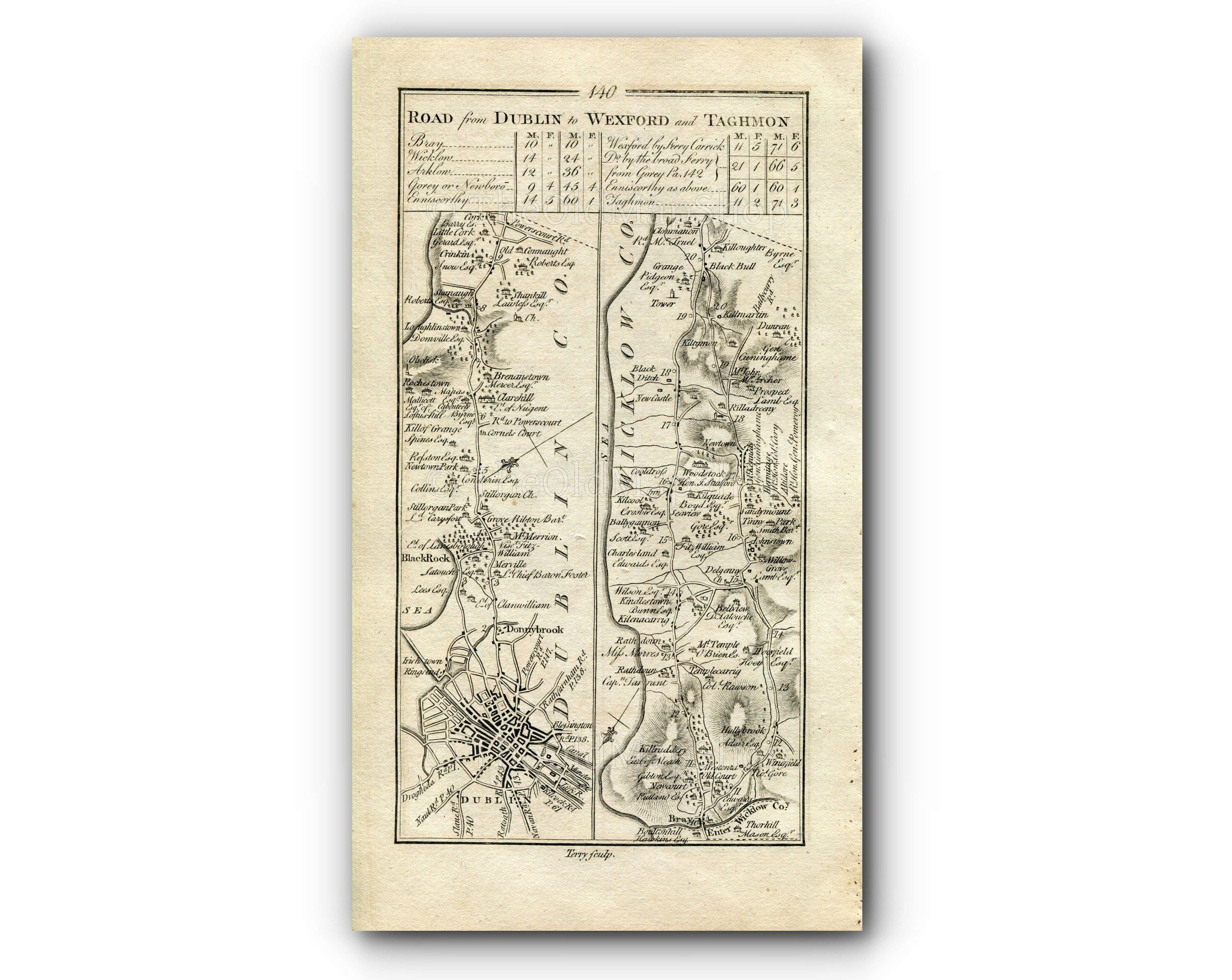 1778 Taylor & Skinner Antique Ireland Road Map 139/140 Baltinglass Donard Tullow Dublin Blackrock Rathvilly Lisnavagh Shanganagh Kilruddery