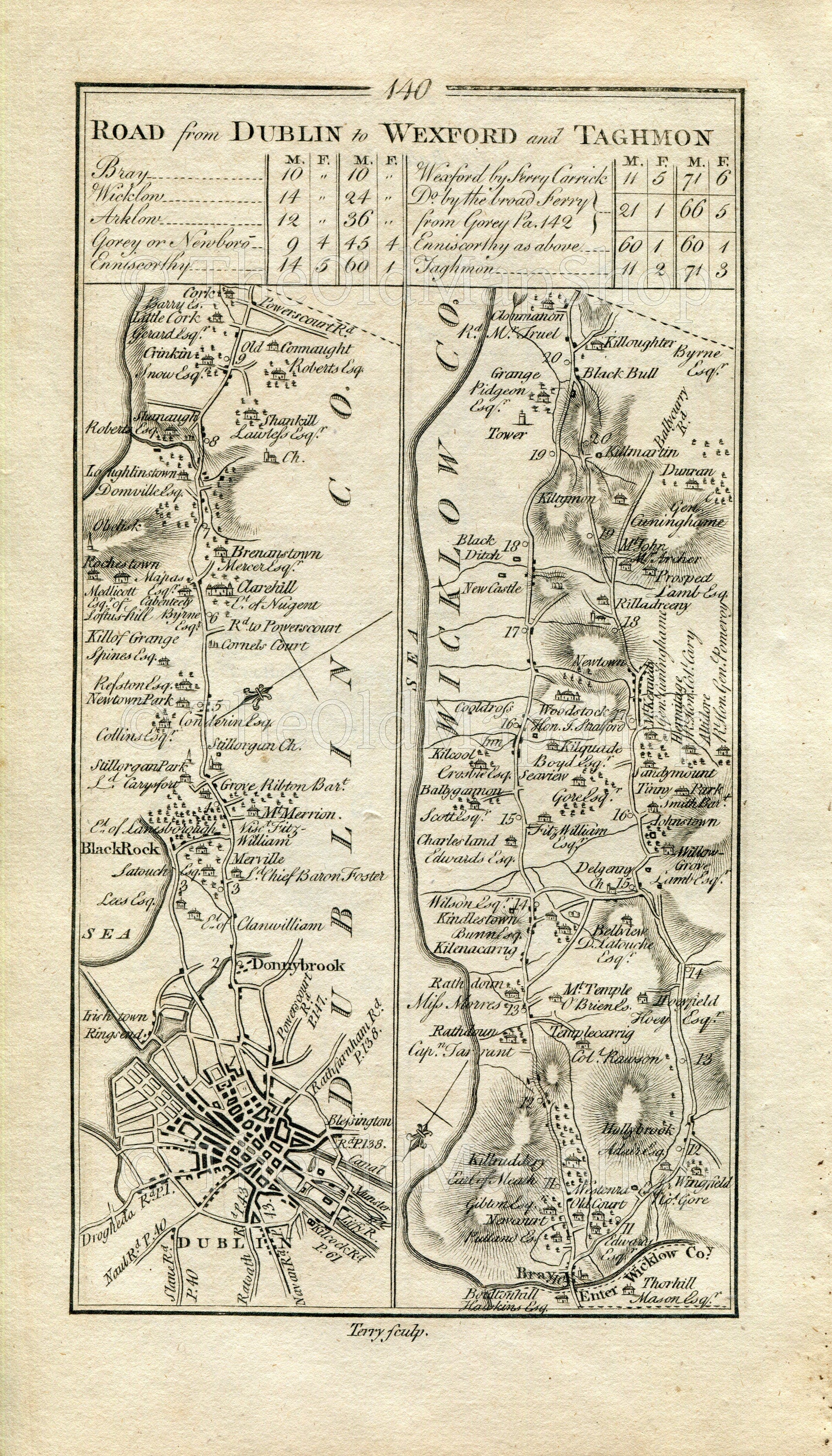 1778 Taylor & Skinner Antique Ireland Road Map 139/140 Baltinglass Donard Tullow Dublin Blackrock Rathvilly Lisnavagh Shanganagh Kilruddery