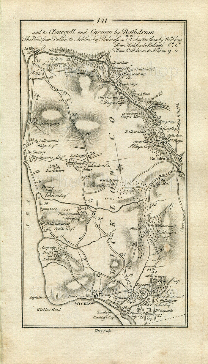 1778 Taylor & Skinner Antique Ireland Road Map 141/142 Wicklow Glenealy Rathdrum Arklow Coolgreany Gorey Clogh Ballinahallin, Enniscorthy