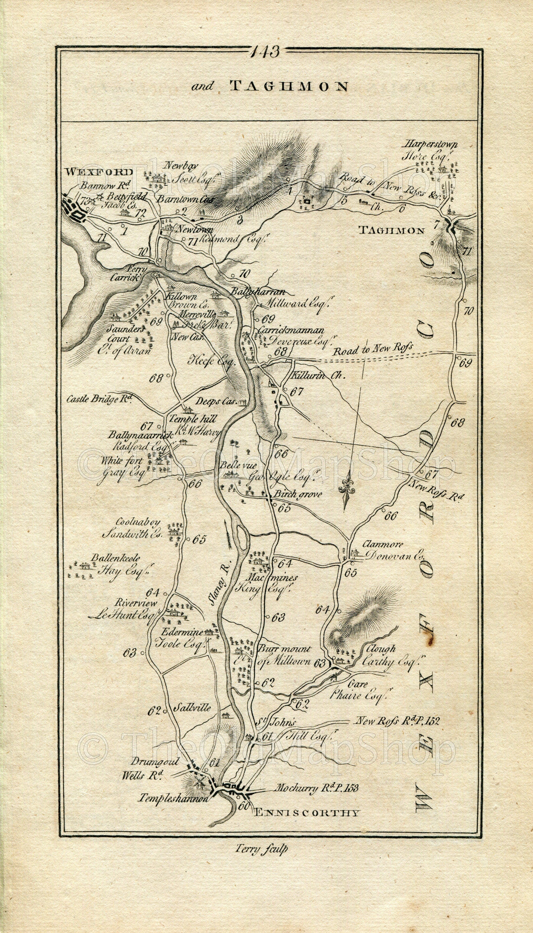 1778 Taylor & Skinner Antique Ireland Road Map 143/144 Enniscorthy Bellevur Ballyharran Wexford Taghmon Castlebridge Castlellis Ballycanew