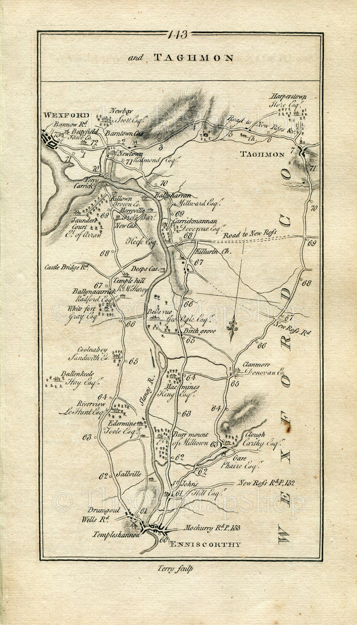 1778 Taylor & Skinner Antique Ireland Road Map 143/144 Enniscorthy Bellevur Ballyharran Wexford Taghmon Castlebridge Castlellis Ballycanew
