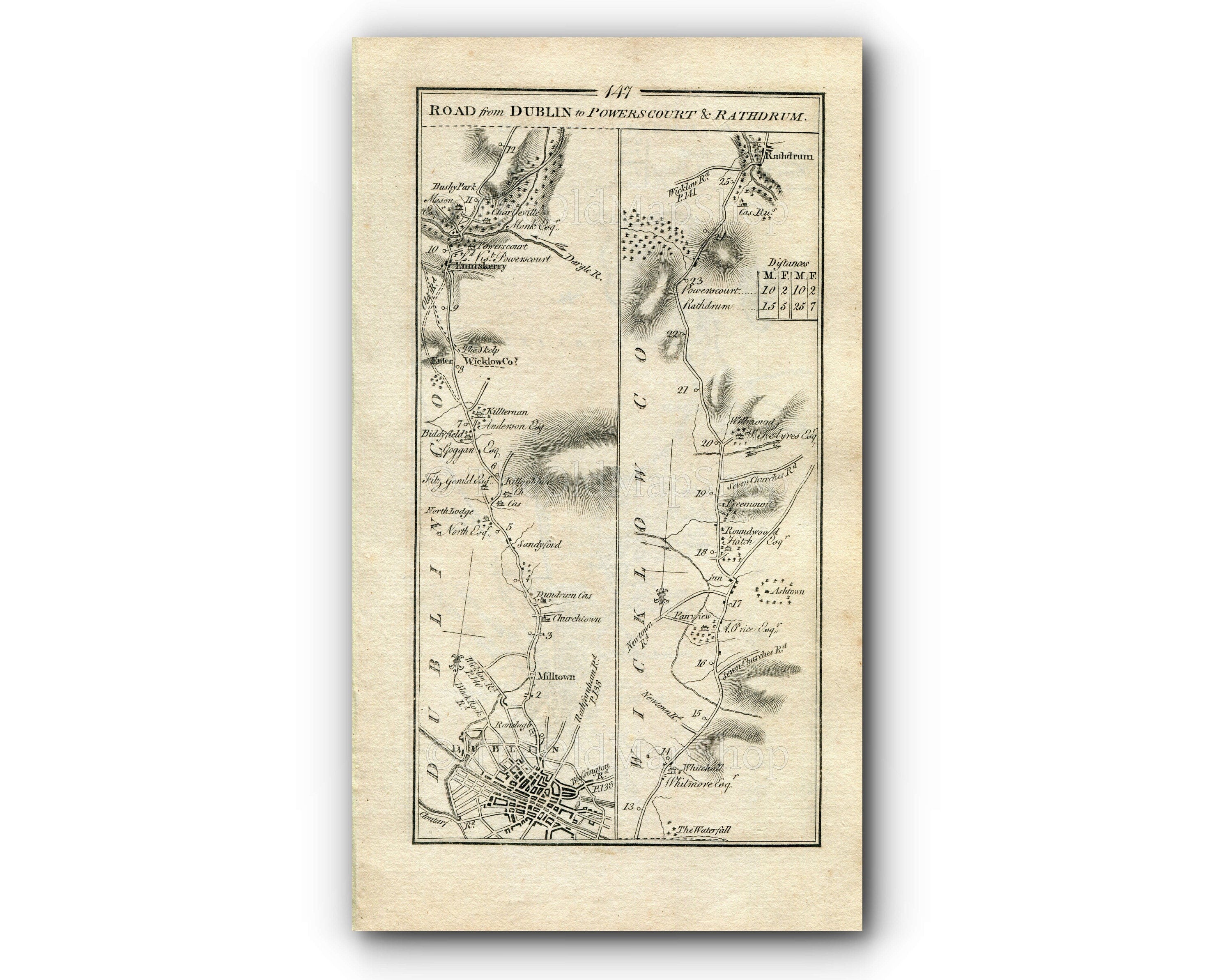 1778 Taylor & Skinner Antique Ireland Road Map 147/148 Dublin Milltown Sandyford Enniskerry Roundwood Rathdrum Clonarf Raheny Baldoyle Howth