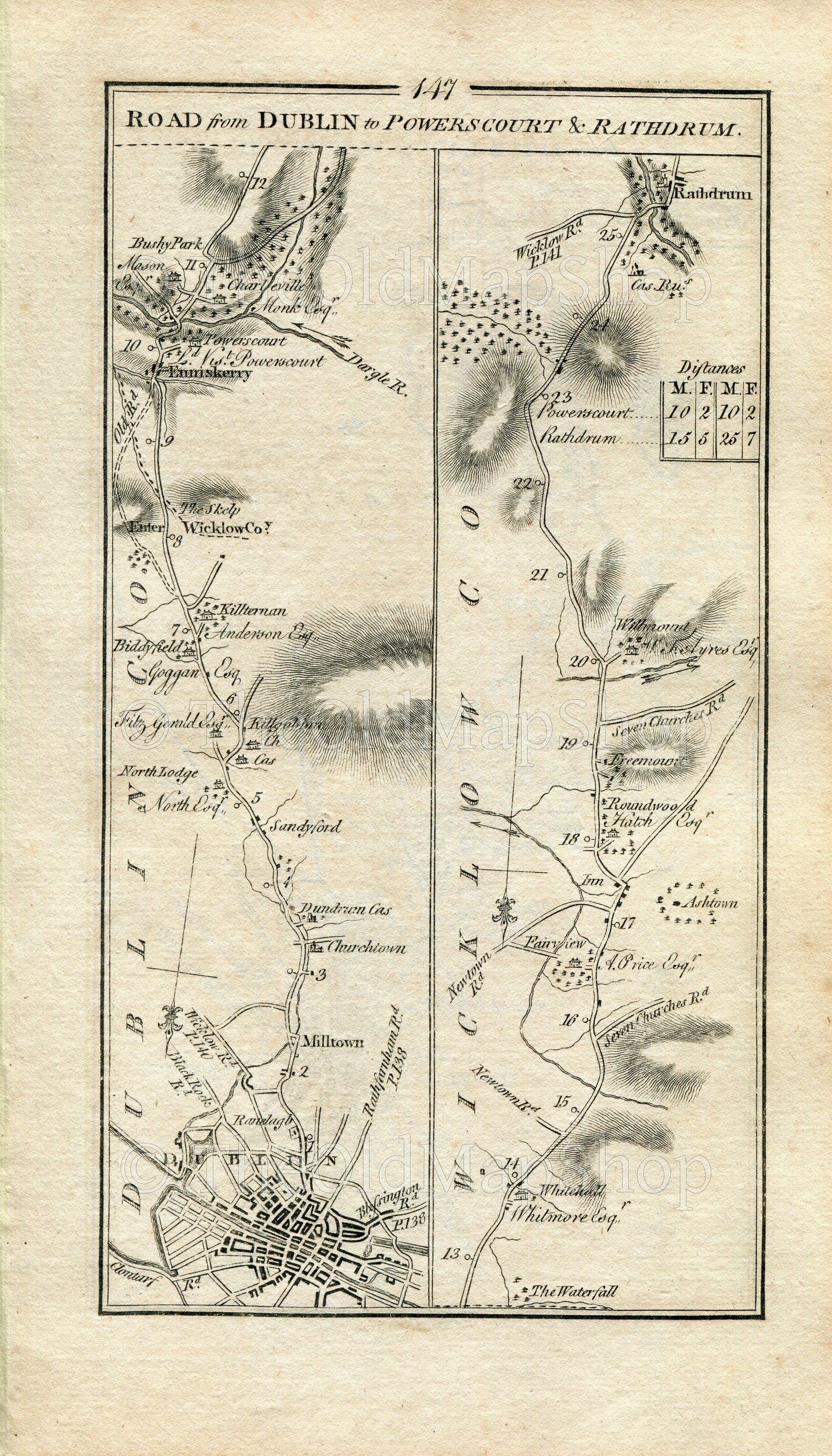 1778 Taylor & Skinner Antique Ireland Road Map 147/148 Dublin Milltown Sandyford Enniskerry Roundwood Rathdrum Clonarf Raheny Baldoyle Howth