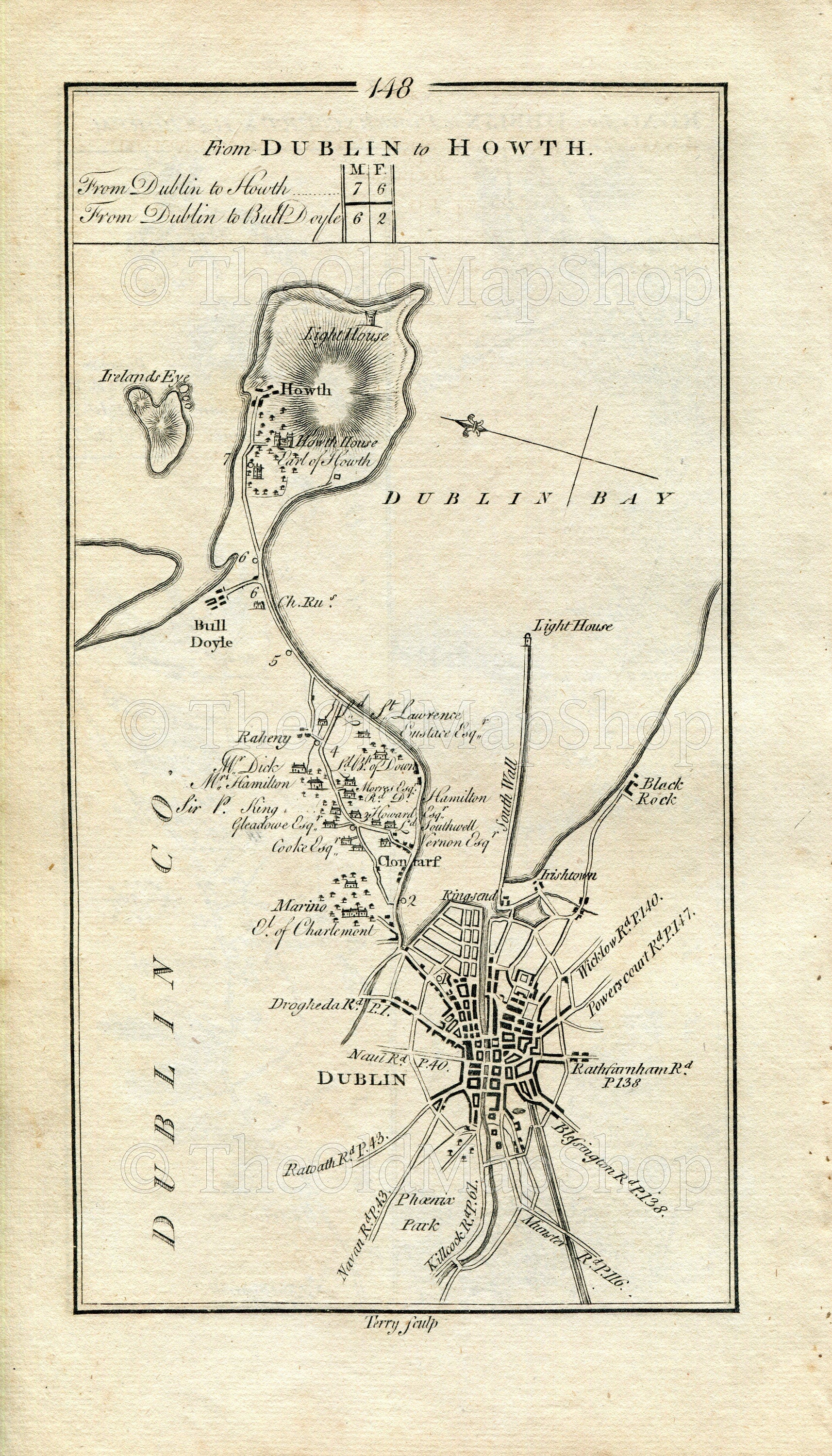 1778 Taylor & Skinner Antique Ireland Road Map 147/148 Dublin Milltown Sandyford Enniskerry Roundwood Rathdrum Clonarf Raheny Baldoyle Howth