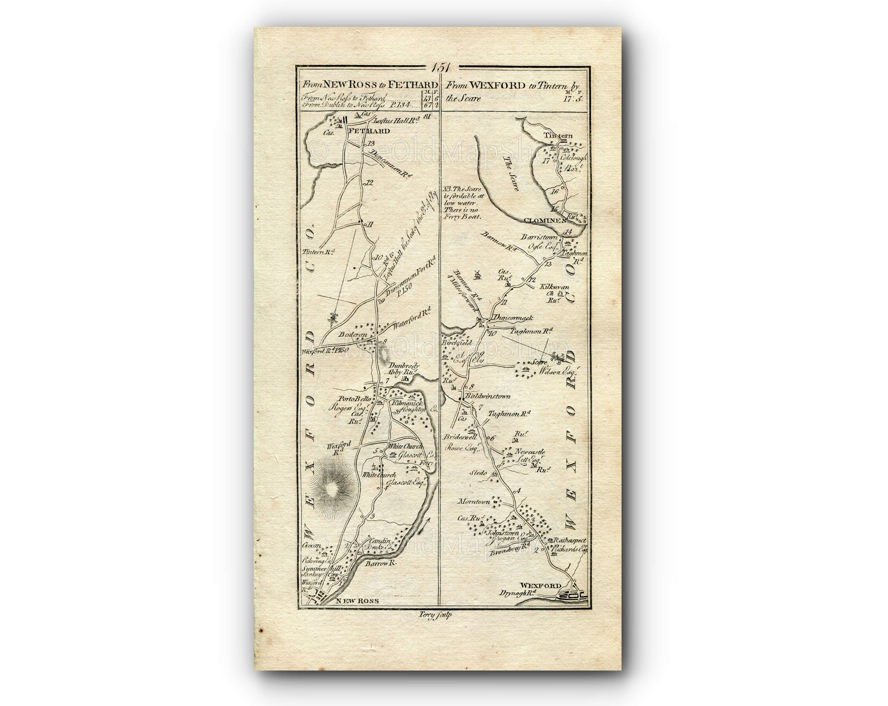 1778 Taylor & Skinner Antique Ireland Road Map 151/152 New Ross Portobello Fethard Wexford Murntown Clonmines Tintern Enniscorthy Clonroche