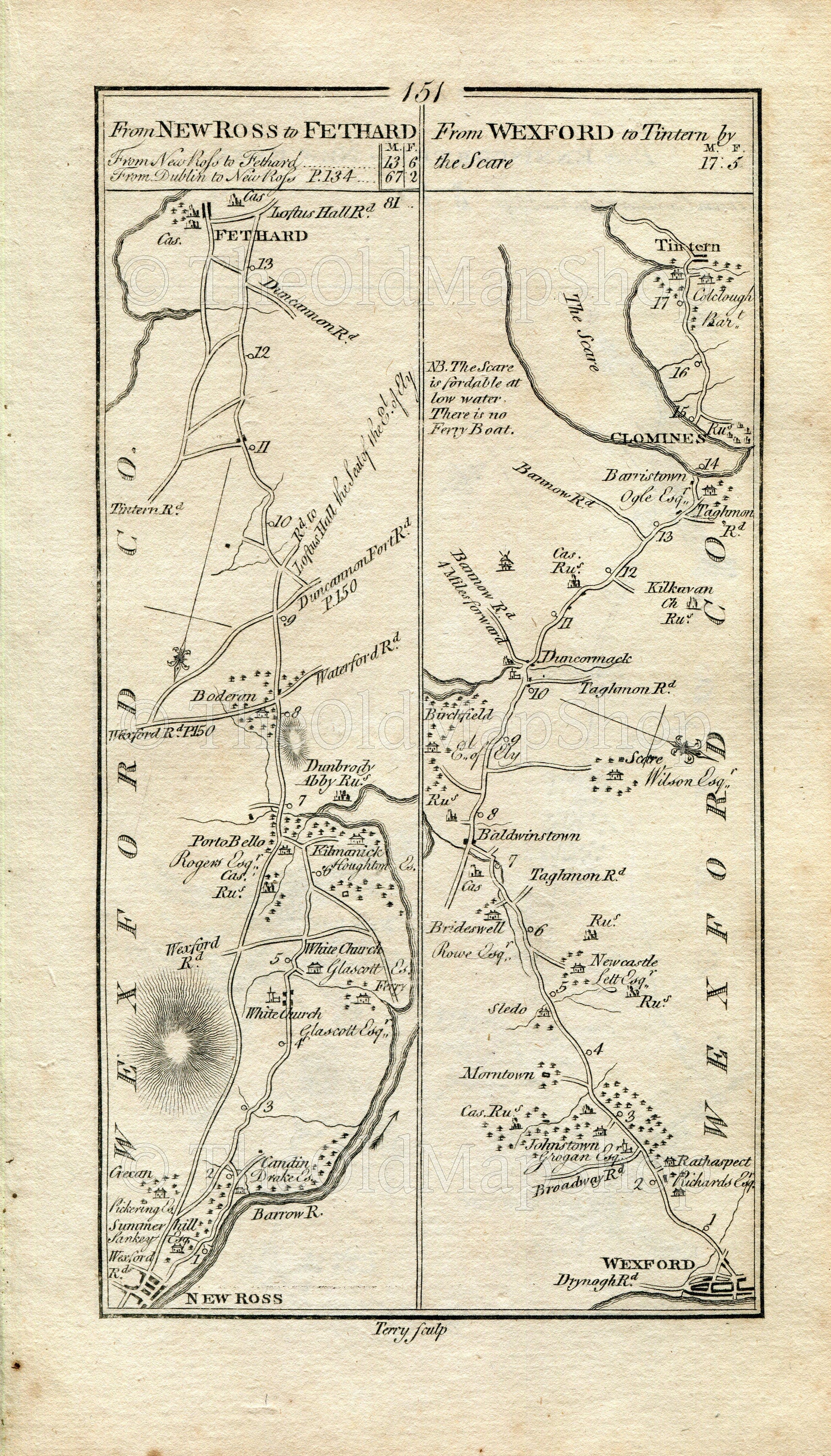 1778 Taylor & Skinner Antique Ireland Road Map 151/152 New Ross Portobello Fethard Wexford Murntown Clonmines Tintern Enniscorthy Clonroche