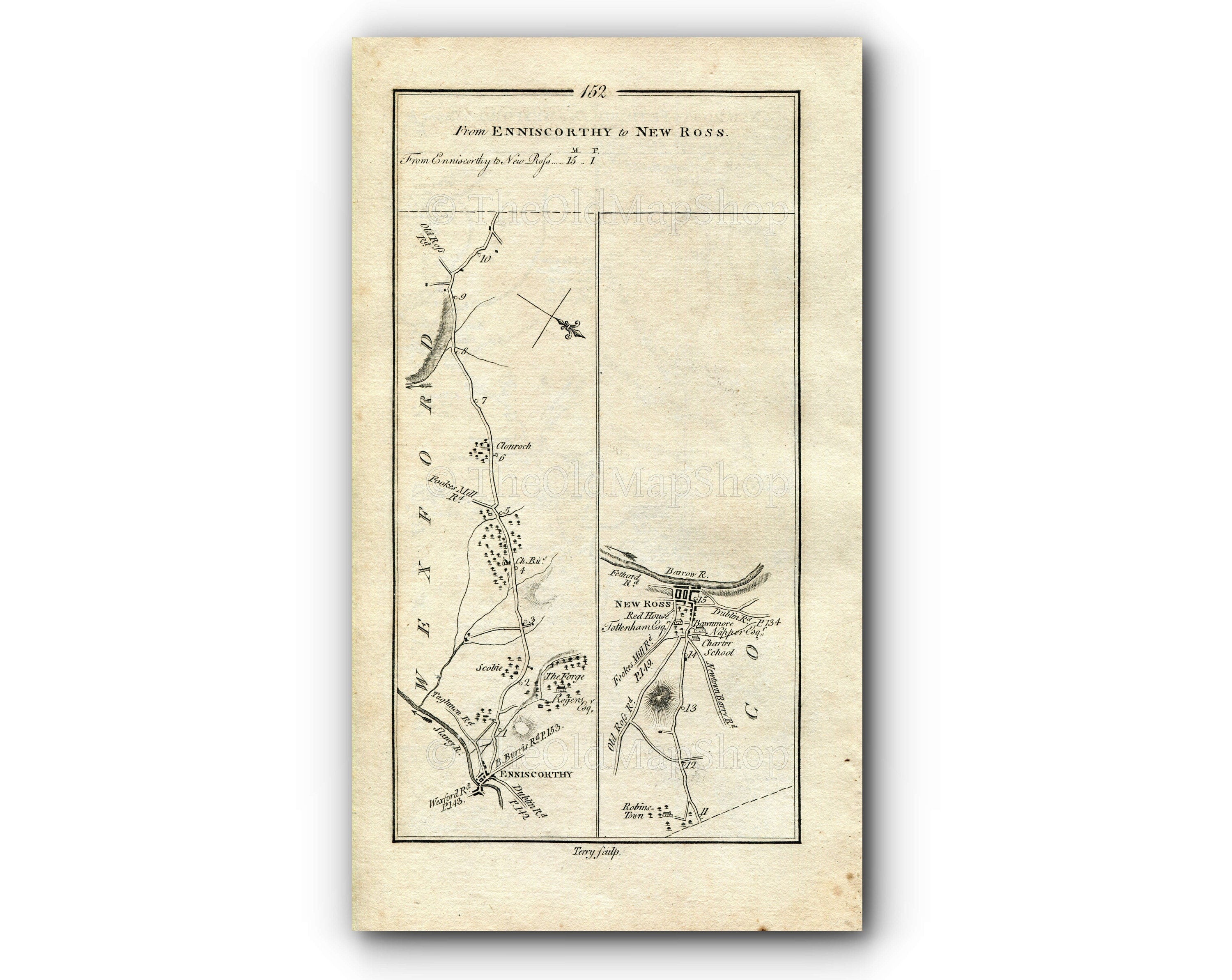 1778 Taylor & Skinner Antique Ireland Road Map 151/152 New Ross Portobello Fethard Wexford Murntown Clonmines Tintern Enniscorthy Clonroche