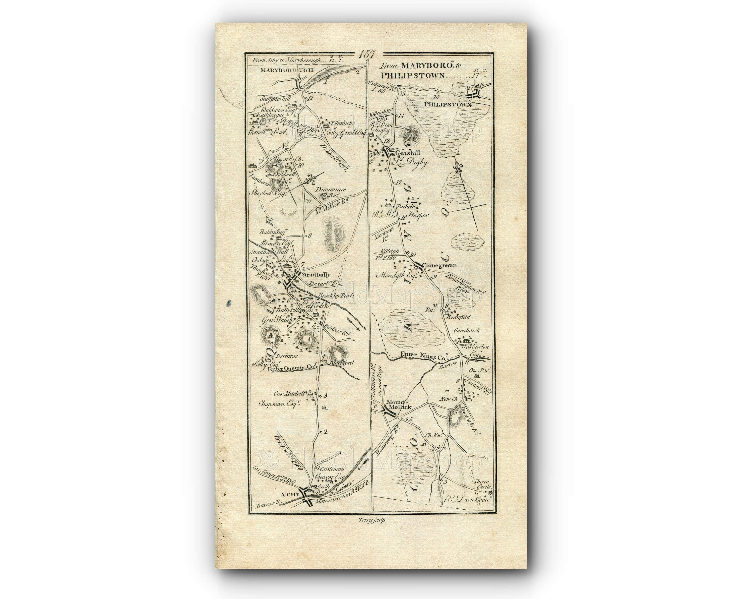 1778 Taylor & Skinner Antique Ireland Road Map 157/158 Athy Maryborough Mountmellick Clonygowan Daingean Rosenallis Kildangan Monasterevin