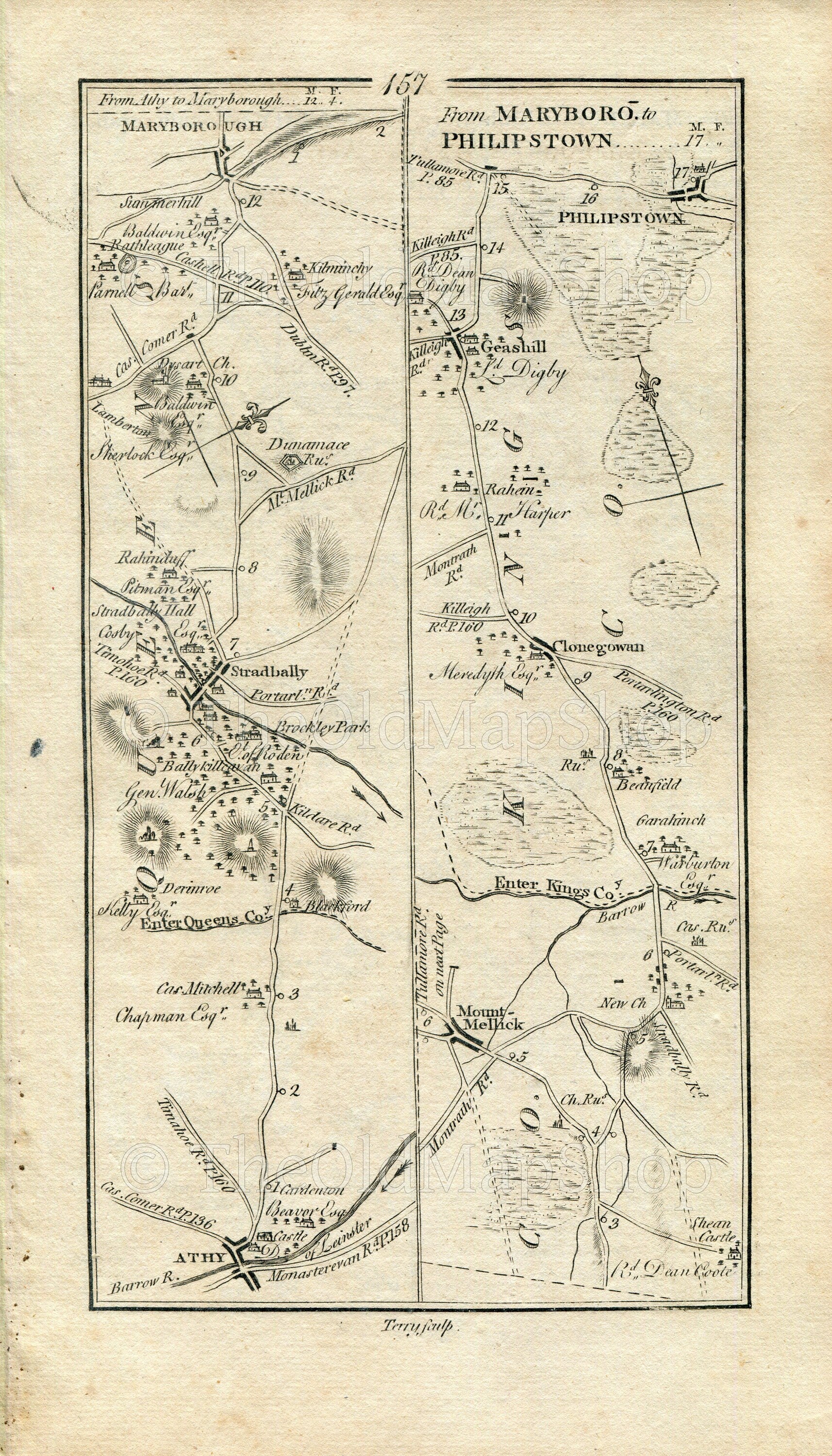 1778 Taylor & Skinner Antique Ireland Road Map 157/158 Athy Maryborough Mountmellick Clonygowan Daingean Rosenallis Kildangan Monasterevin