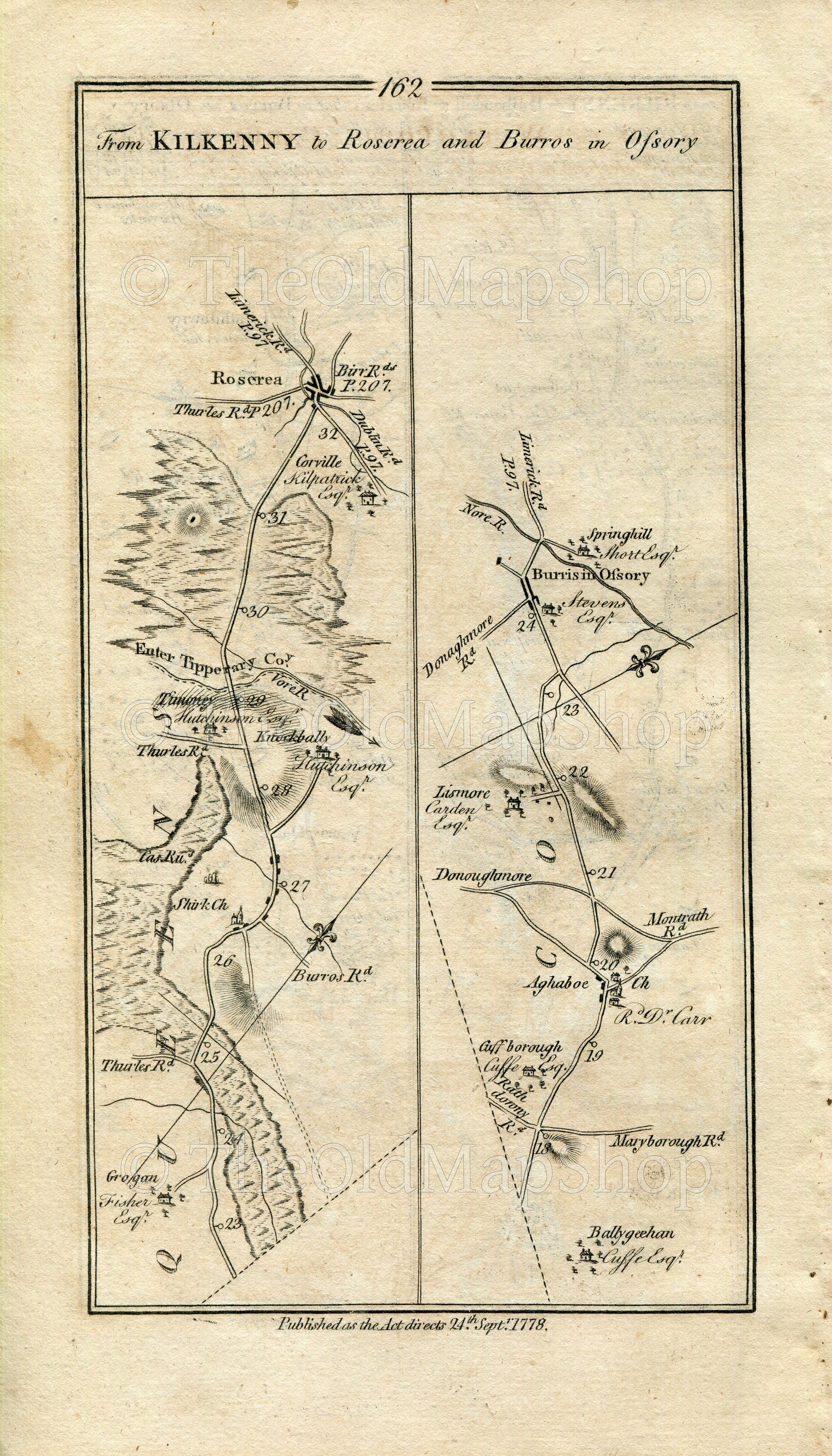 1778 Taylor & Skinner Antique Ireland Road Map 161/162 Kilkenny Ballyragget Ballinakill Durrow Rathdowney Roscrea Borris-in-Ossory Grogan
