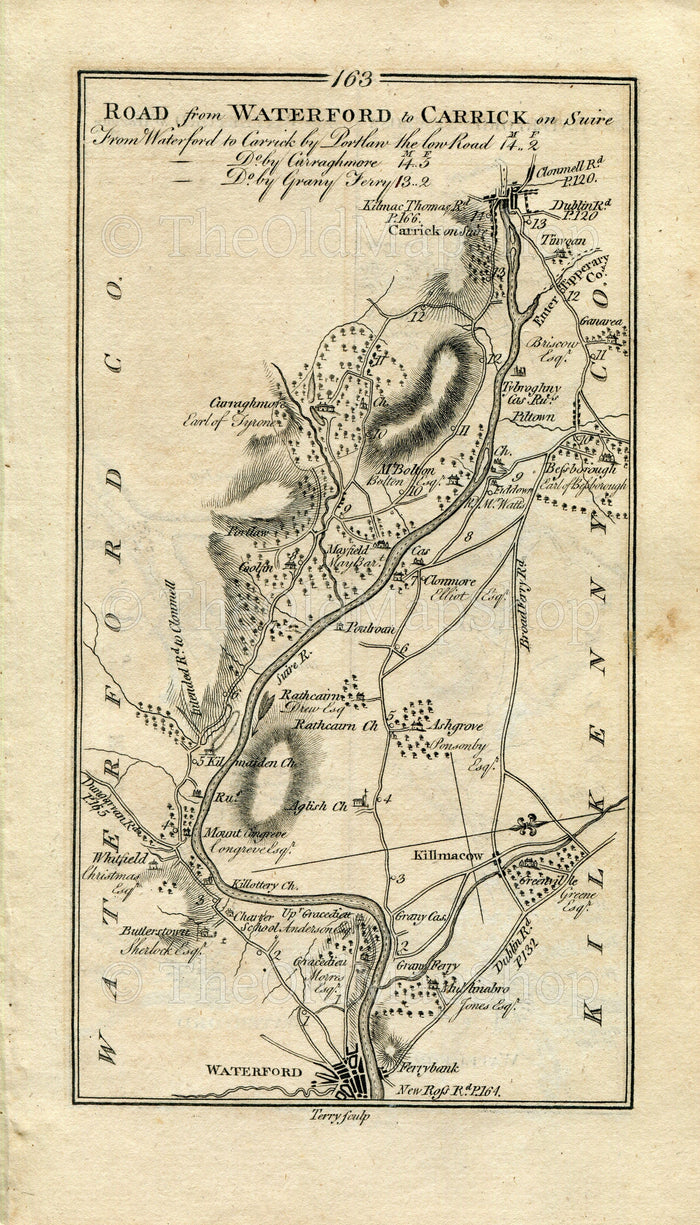 1778 Taylor & Skinner Antique Ireland Road Map 163/164 Waterford Kilmacow Killotteran Portlaw Carrick-On-Suir New Ross Ballinamona Tramore