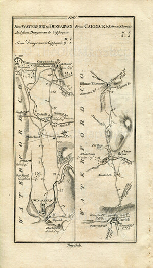 1778 Taylor & Skinner Antique Ireland Road Map 165/166 Waterford Kilmacthomas Dungarvan Whitechurch Cappoquin Carrick-On-Suir Mothel Clonea