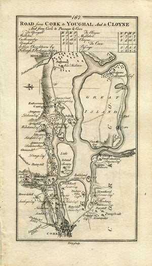 1778 Taylor & Skinner Antique Ireland Road Map 167/168 Cork Clanmire Carrigtohill Midleton Youghal Killeagh Castlemartyr Ladysbridge Cloyne
