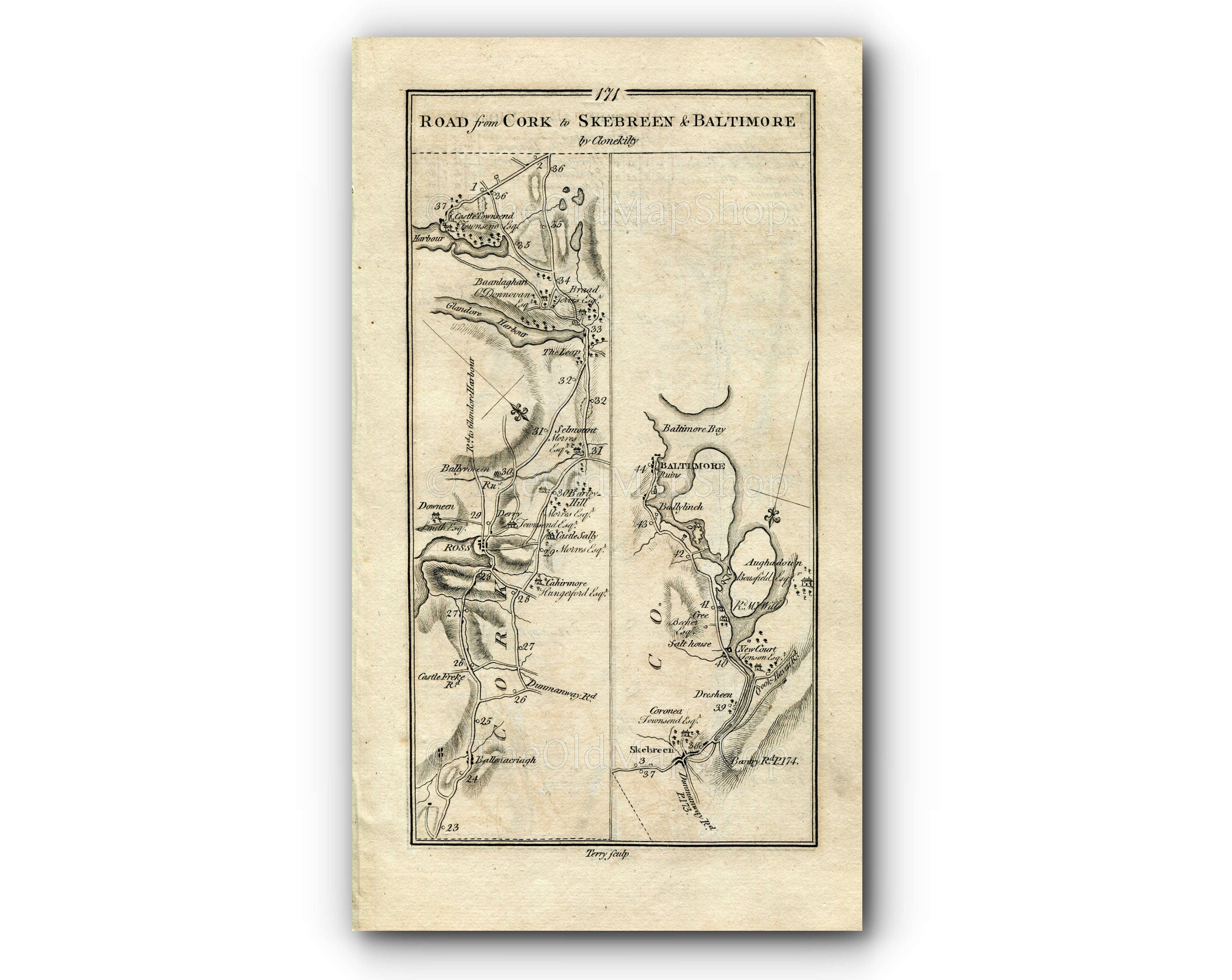 1778 Taylor & Skinner Antique Ireland Road Map 171/172 Rosscarbery Leap Castletownshend Skibbereen Baltimore Bandon Enniskeane Dunmanway