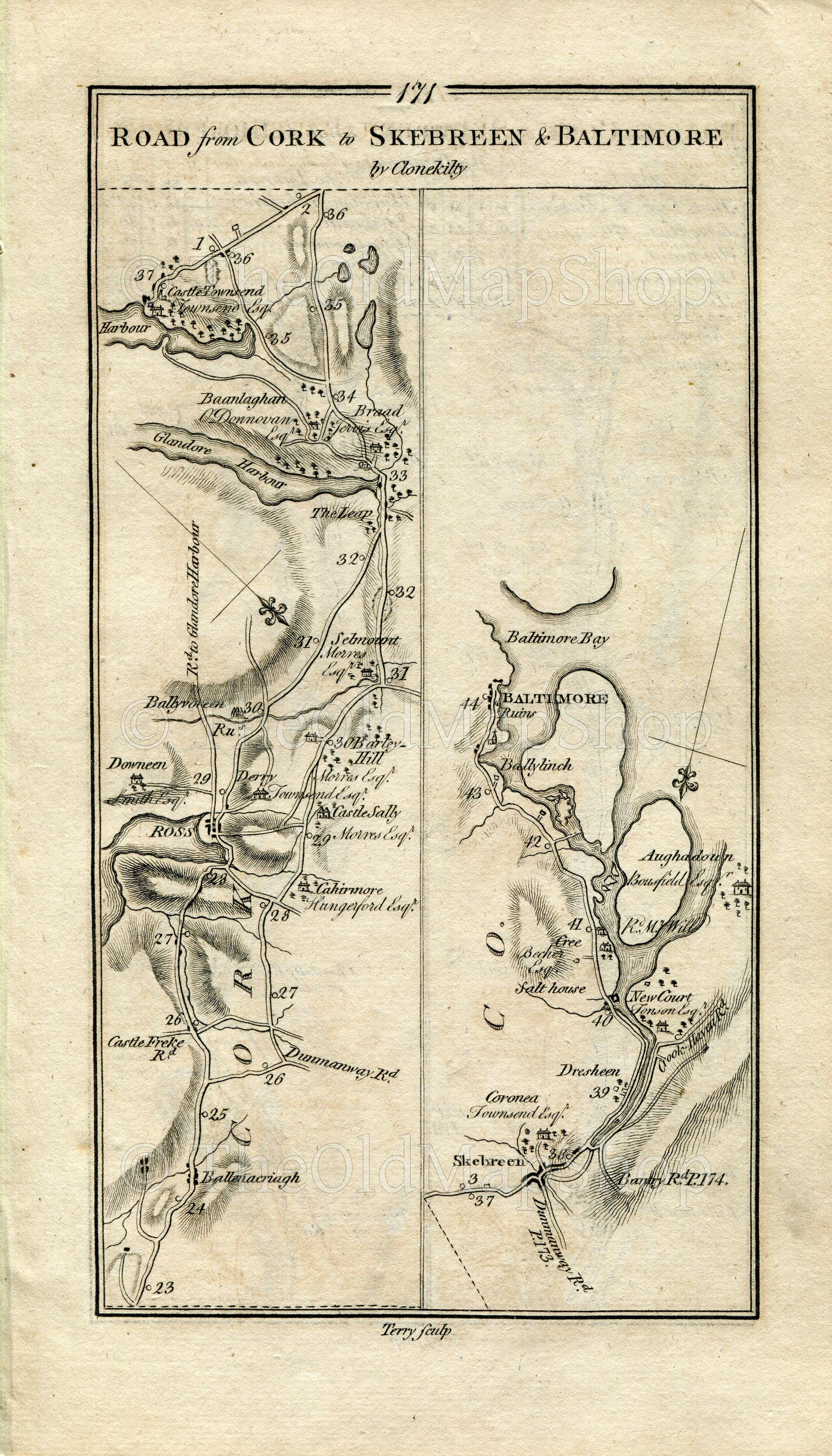 1778 Taylor & Skinner Antique Ireland Road Map 171/172 Rosscarbery Leap Castletownshend Skibbereen Baltimore Bandon Enniskeane Dunmanway