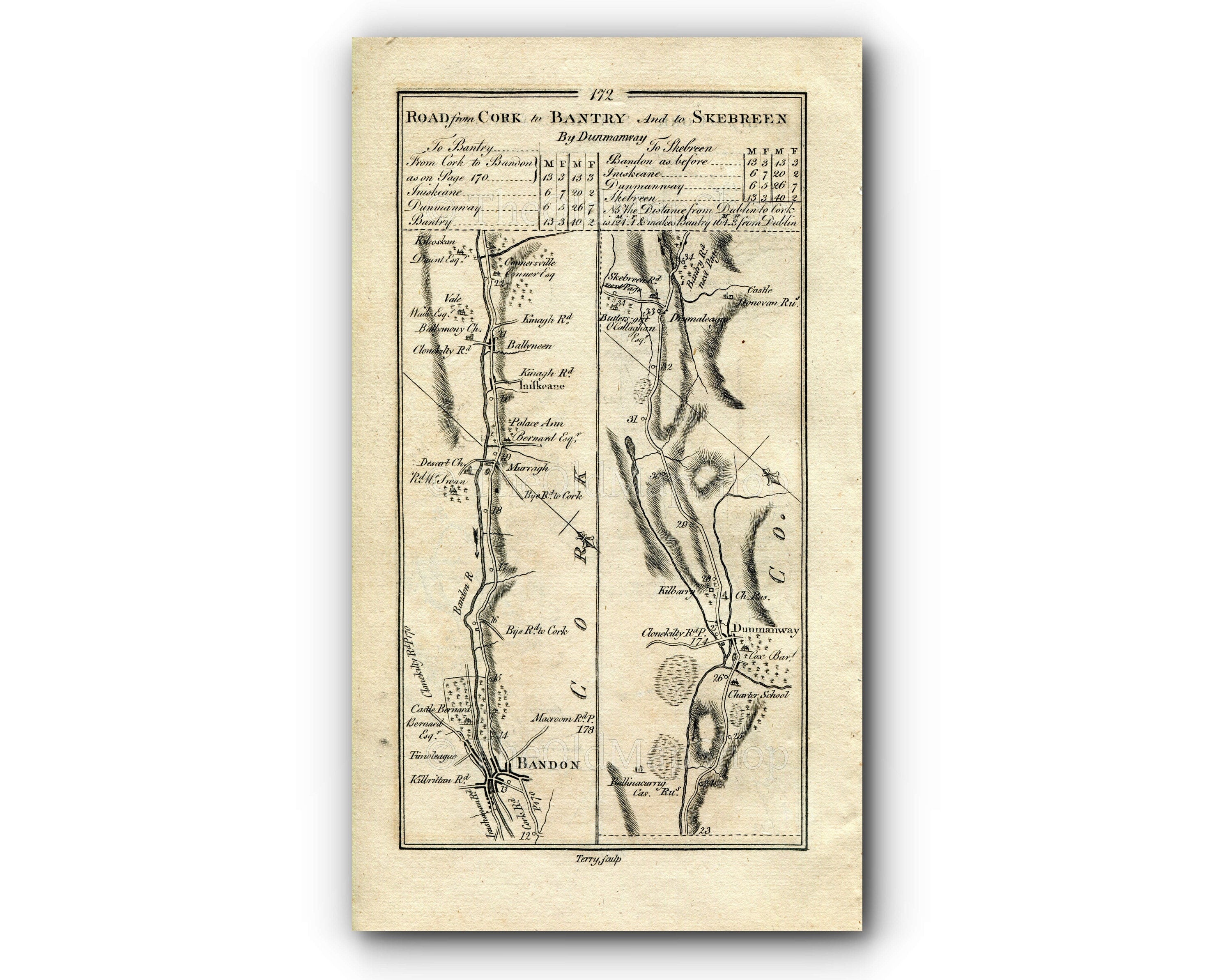 1778 Taylor & Skinner Antique Ireland Road Map 171/172 Rosscarbery Leap Castletownshend Skibbereen Baltimore Bandon Enniskeane Dunmanway
