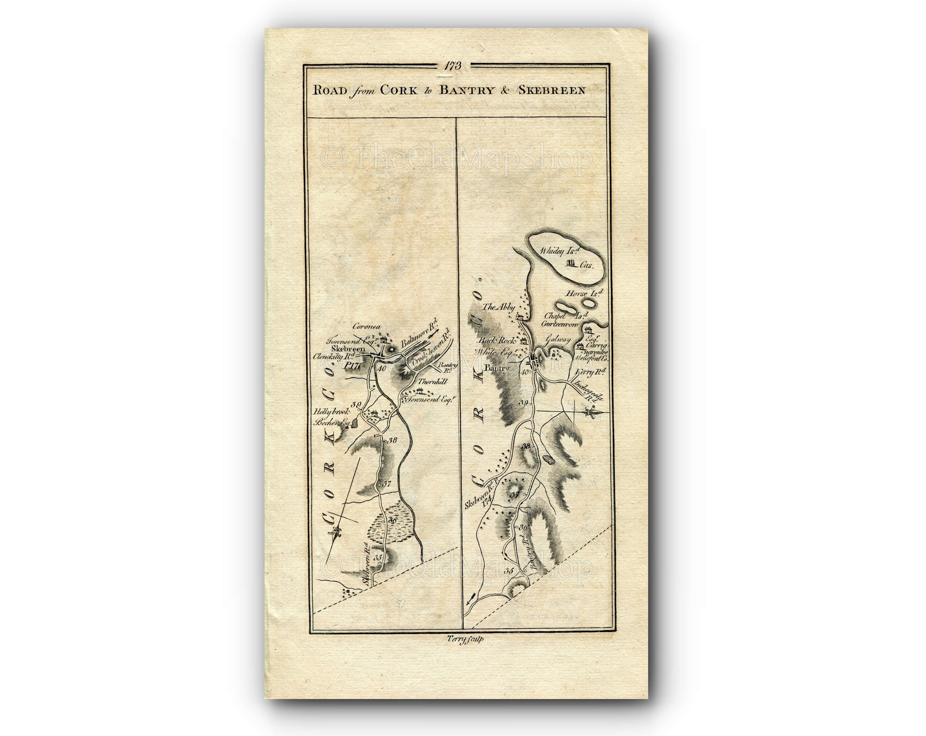 1778 Taylor & Skinner Antique Ireland Road Map 173/174 Skibbereen Bantry Whiddy Island Clonakilty Bealad Dunmanway Thornhill County Cork