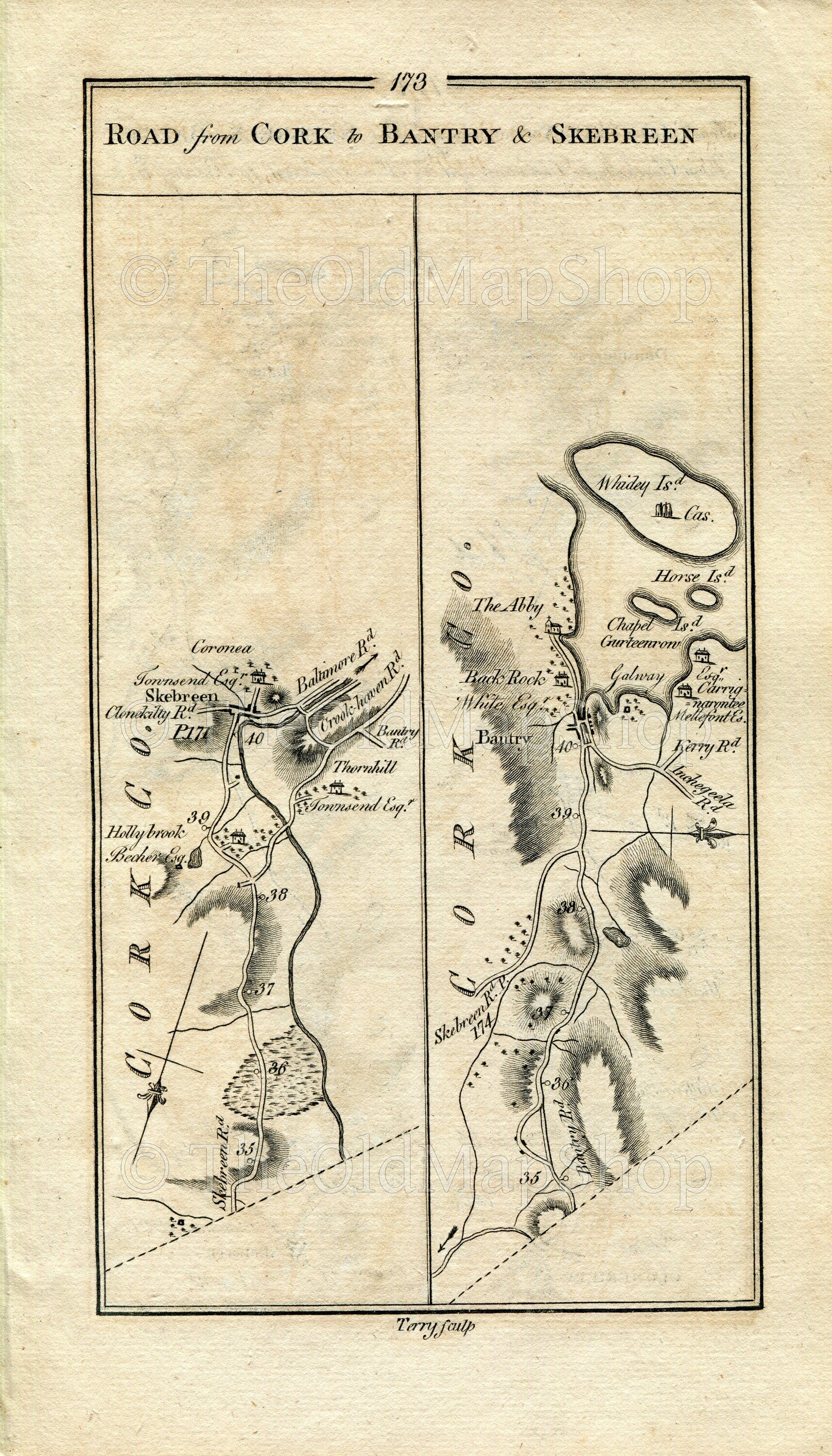 1778 Taylor & Skinner Antique Ireland Road Map 173/174 Skibbereen Bantry Whiddy Island Clonakilty Bealad Dunmanway Thornhill County Cork