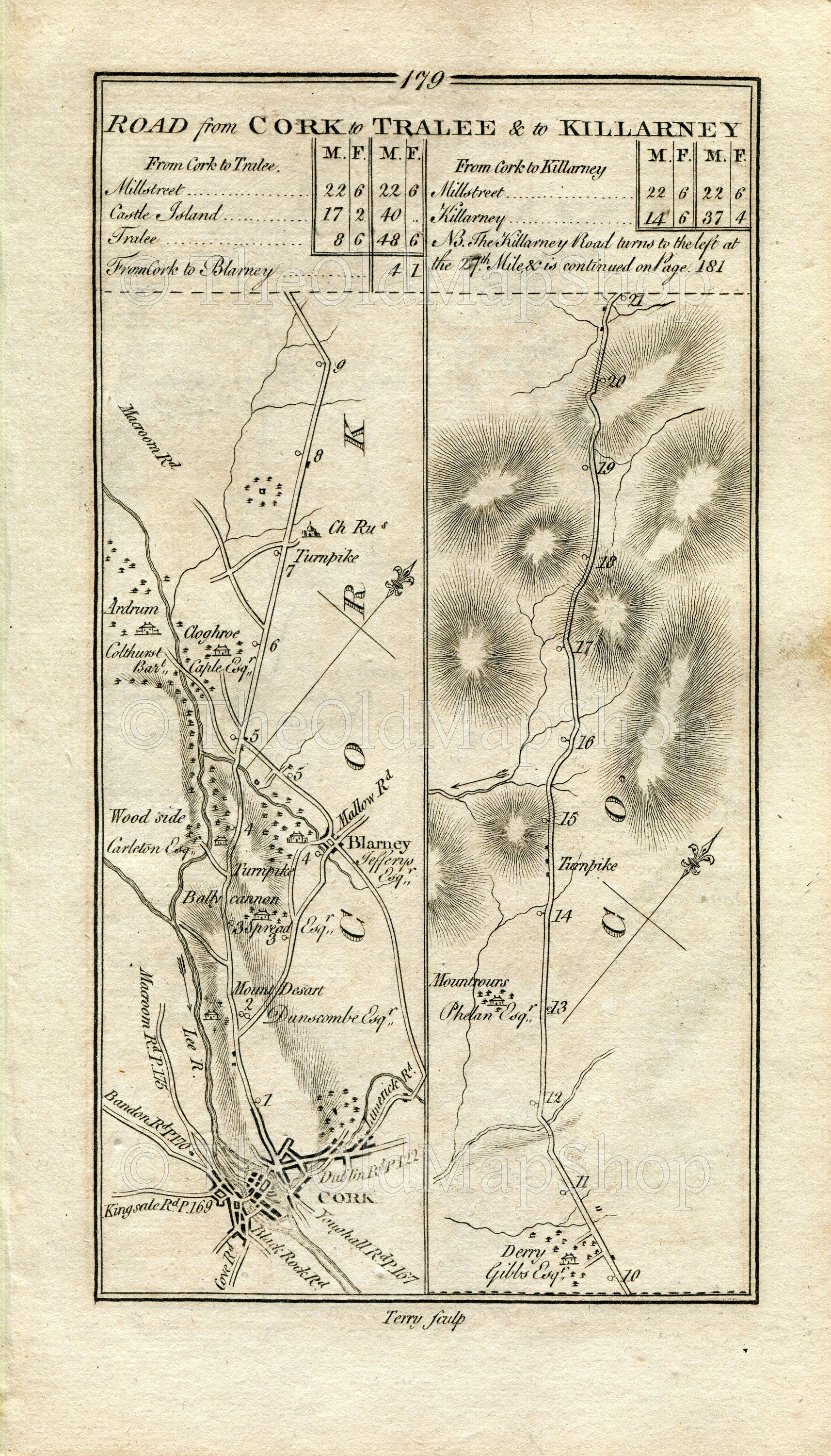 1778 Taylor & Skinner Antique Ireland Road Map 179/180 Cork Blarney Cloghroe Derry Millstreet Knocknagree Castleisland Maglass Magh Arabella