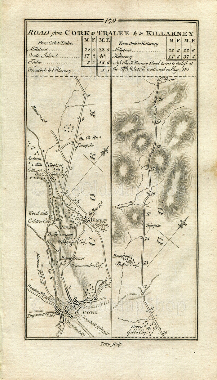 1778 Taylor & Skinner Antique Ireland Road Map 179/180 Cork Blarney Cloghroe Derry Millstreet Knocknagree Castleisland Maglass Magh Arabella