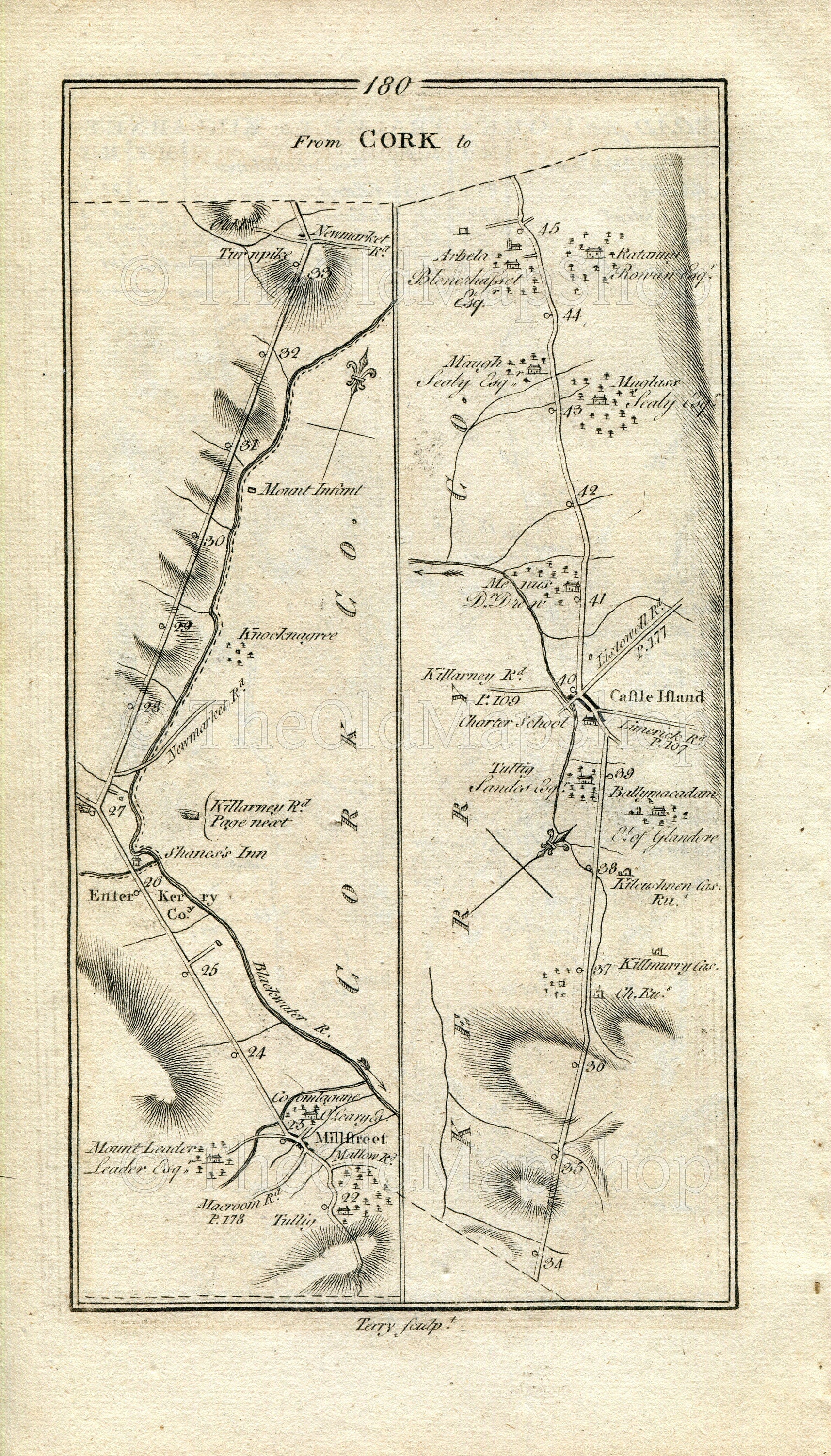 1778 Taylor & Skinner Antique Ireland Road Map 179/180 Cork Blarney Cloghroe Derry Millstreet Knocknagree Castleisland Maglass Magh Arabella