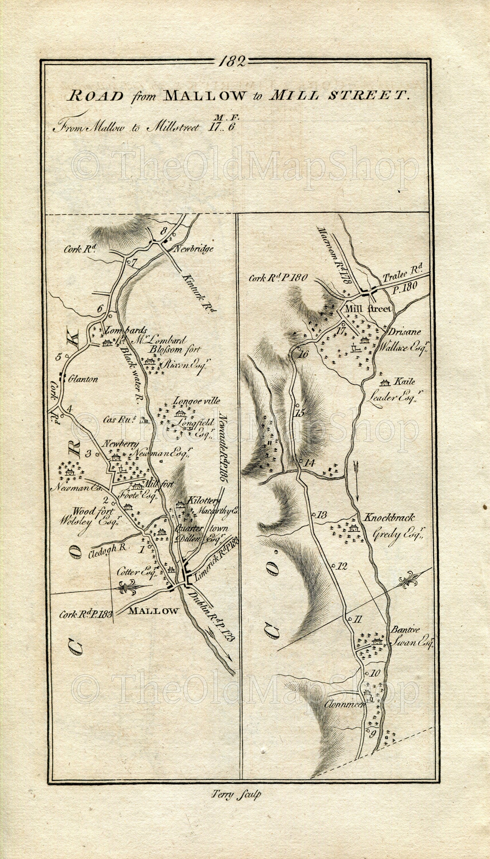 1778 Taylor & Skinner Antique Ireland Road Map 181/182 Tralee Ballyseedy Rathmore Killarney Mallow Lombardstown Keale Drishane Millstreet
