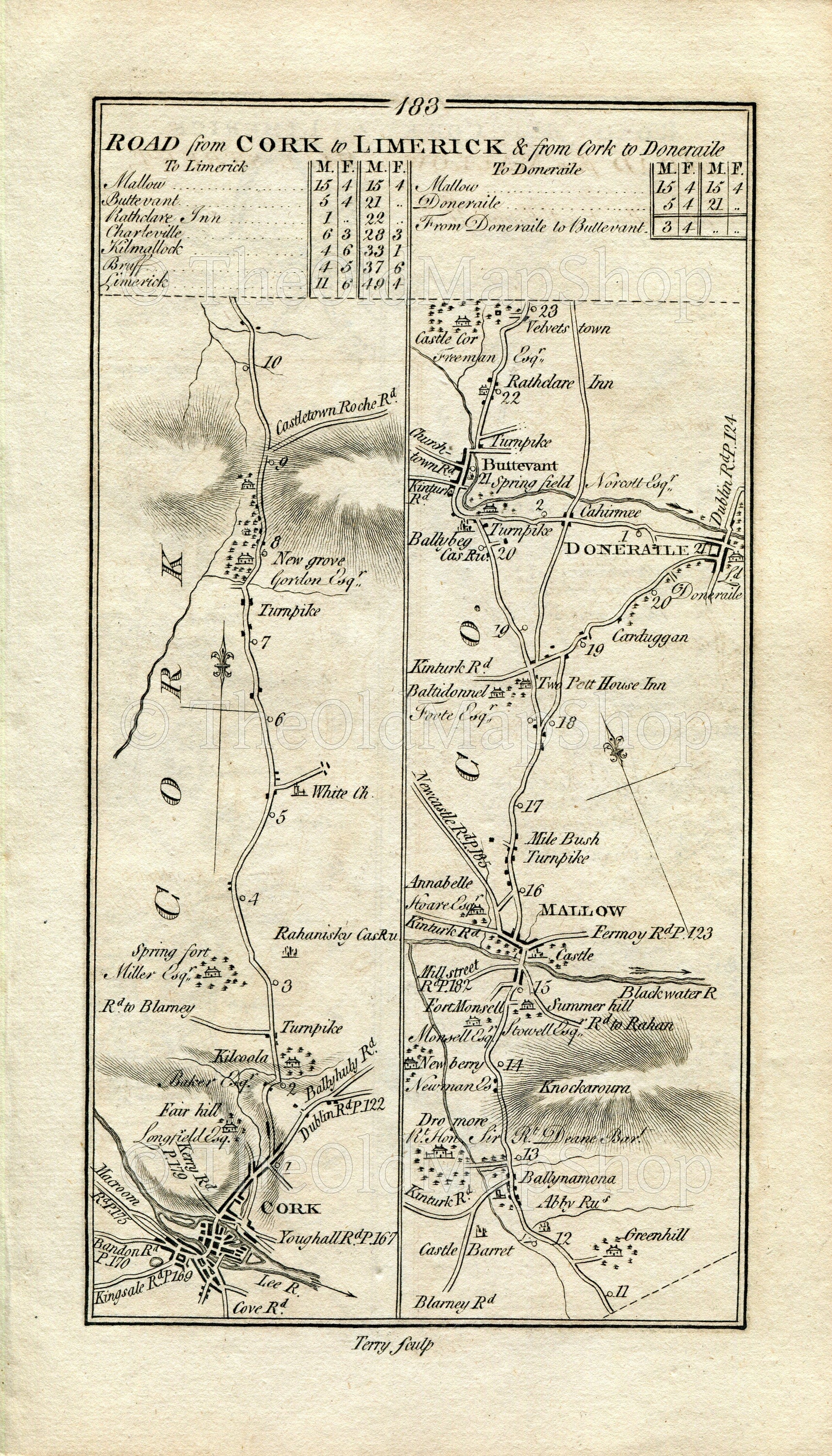 1778 Taylor & Skinner Antique Ireland Road Map 183/184 Cork Ballynamona Mallow Buttervant Doneraile Charleville Kilmallock Bruff Limerick
