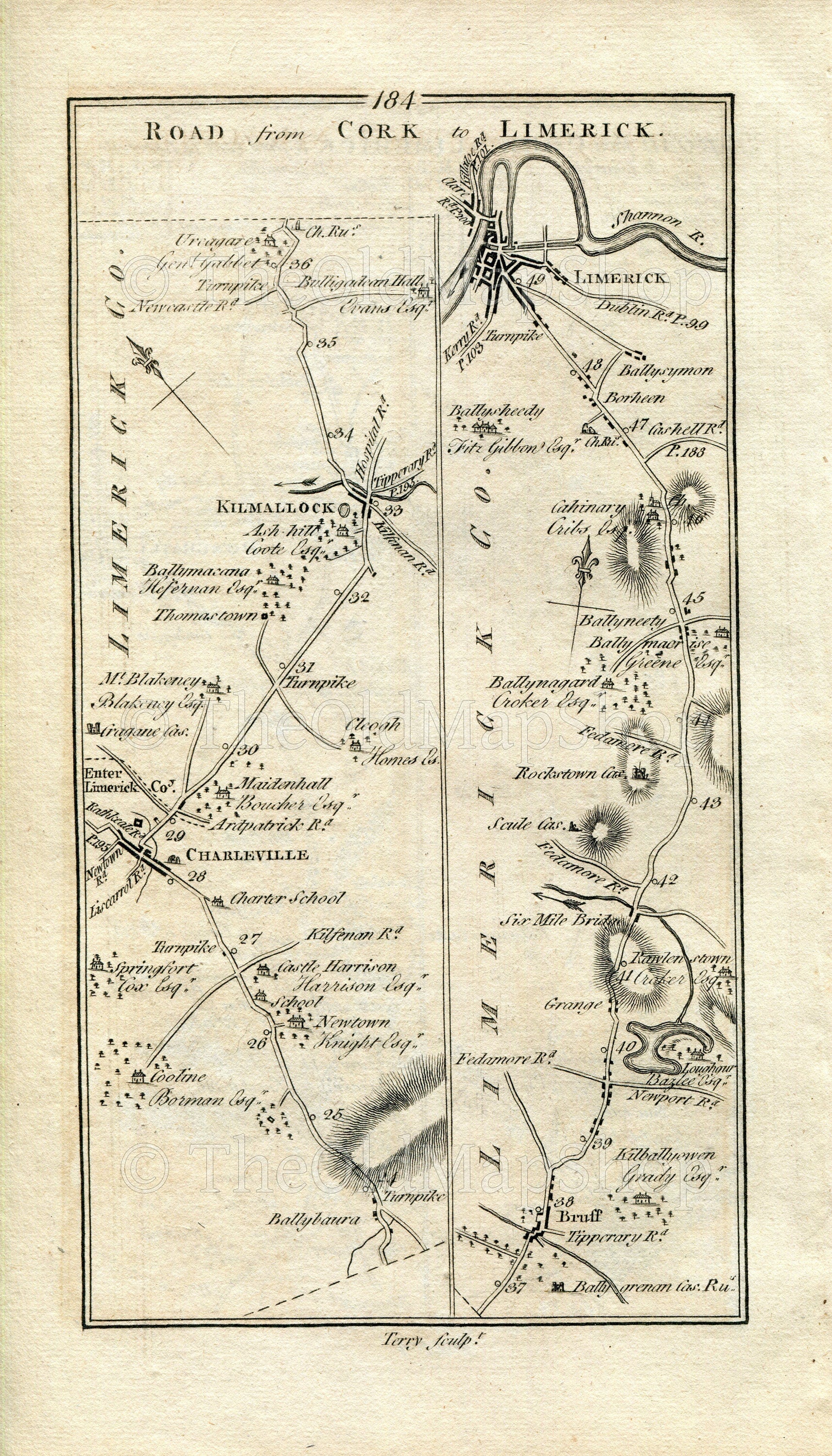 1778 Taylor & Skinner Antique Ireland Road Map 183/184 Cork Ballynamona Mallow Buttervant Doneraile Charleville Kilmallock Bruff Limerick