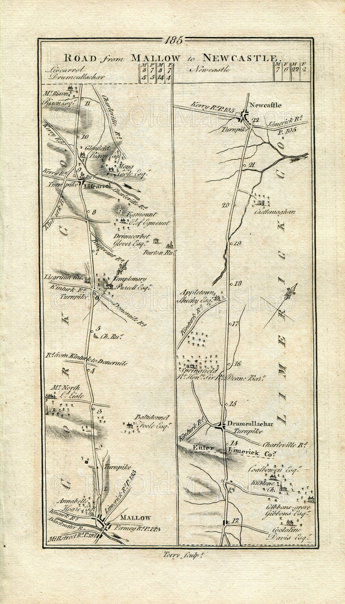 1778 Taylor & Skinner Antique Ireland Road Map 185/186 Mallow Liscarroll Dromcolliher Newcastle West Tralee Castlemaine Aghadoe Killarney