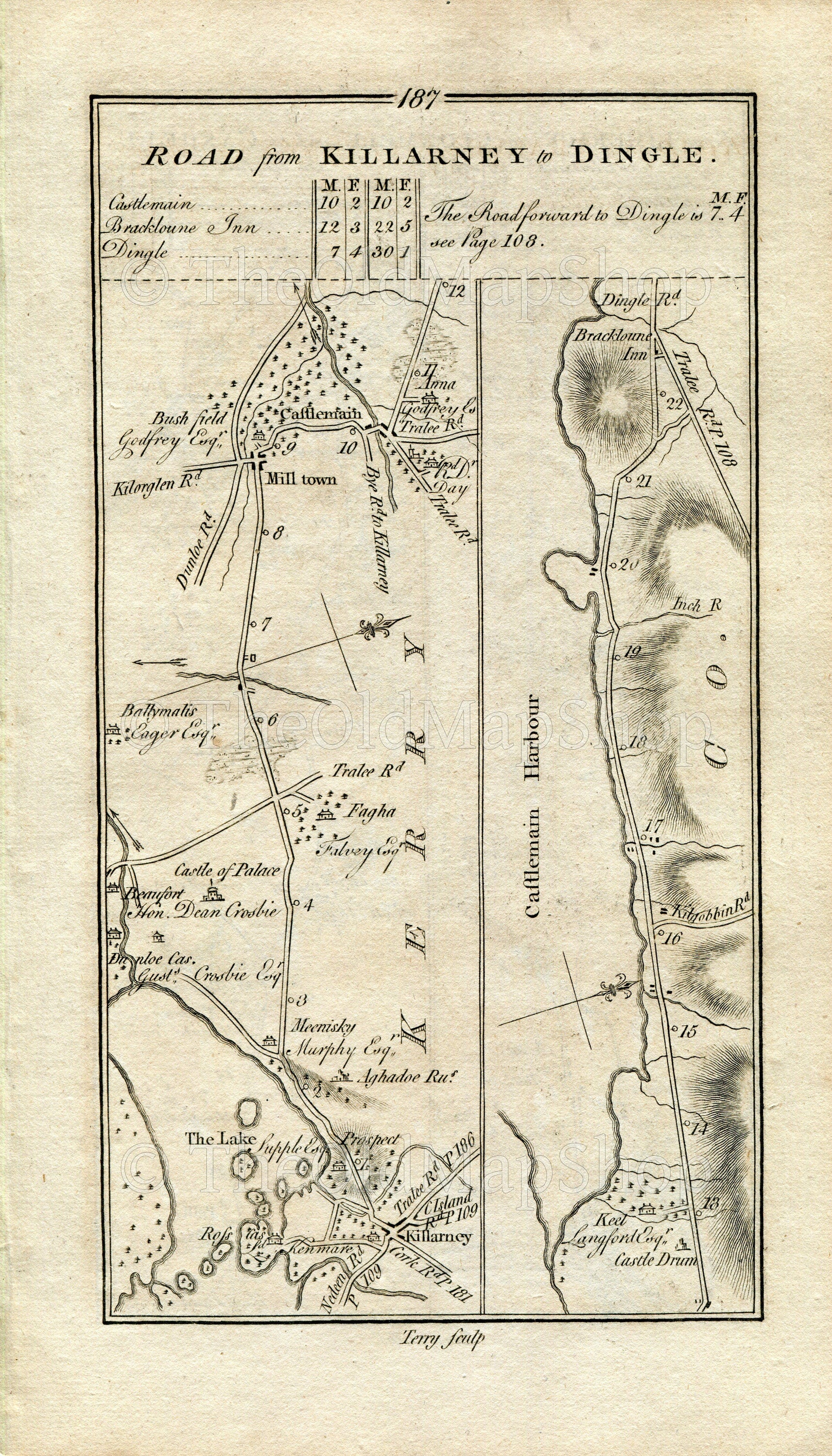 1778 Taylor & Skinner Antique Ireland Road Map 187/188 Killarney Milltown Castlemaine Brackluin Limerick Caherconlish Pallasgreen Tipperary