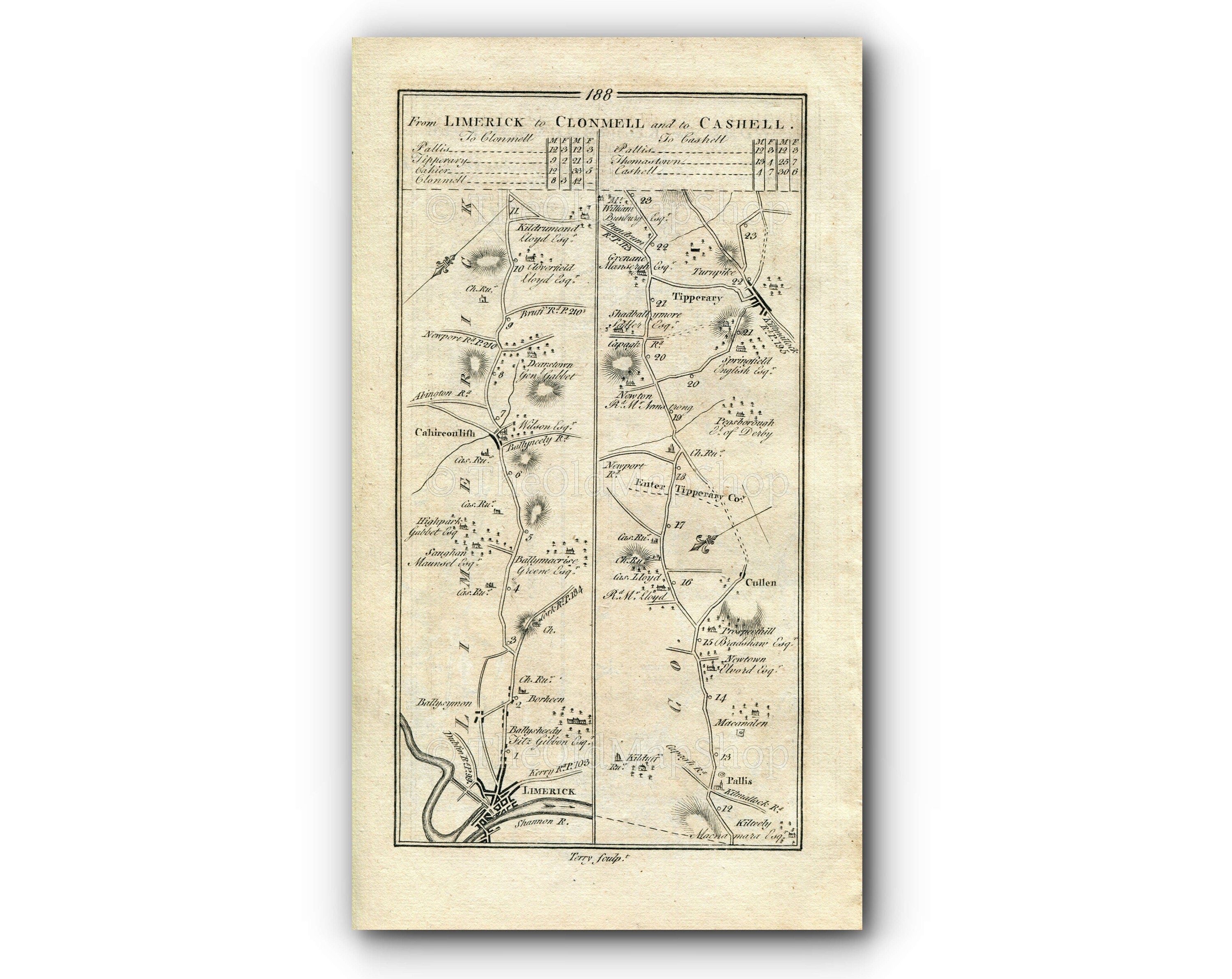 1778 Taylor & Skinner Antique Ireland Road Map 187/188 Killarney Milltown Castlemaine Brackluin Limerick Caherconlish Pallasgreen Tipperary