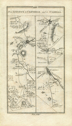 1778 Taylor & Skinner Antique Ireland Road Map 189/190 Cahir Clonmel Golden Cashel Rathronan Holycross Farneybridge Thurles Tipperary