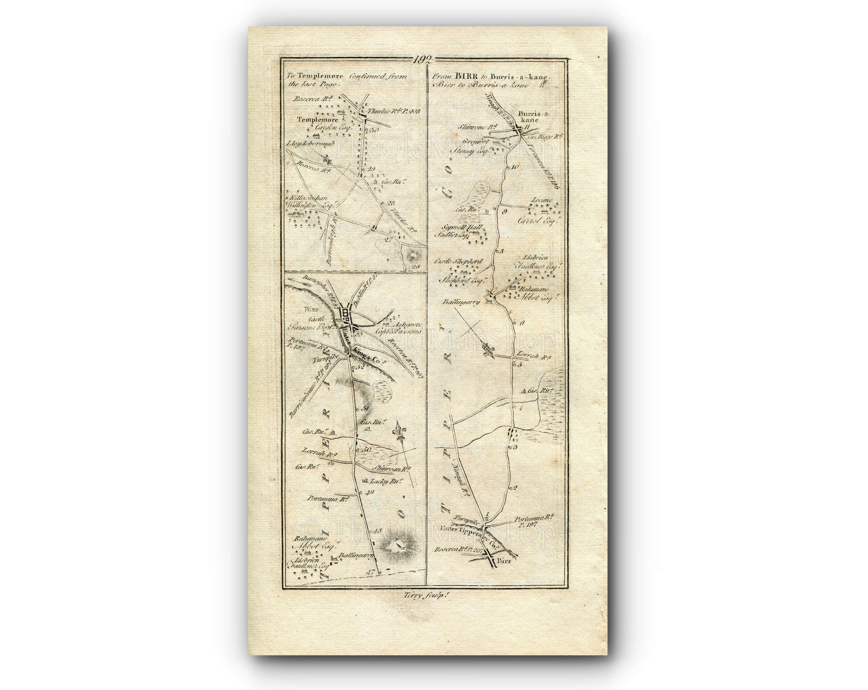 1778 Taylor & Skinner Antique Ireland Road Map 191/192 Borrisoleigh Nenagh Beechwood Birr Templemore Castlesheppard Borrisokane Tipperary