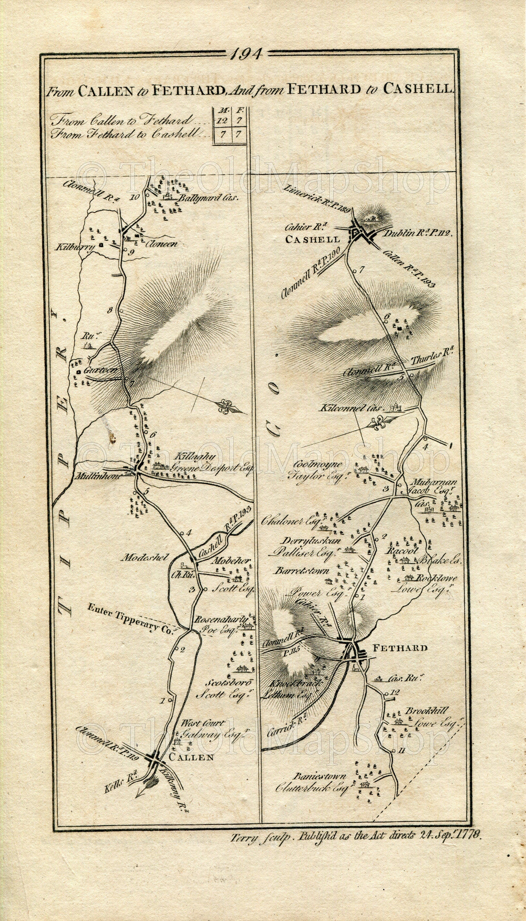 1778 Taylor & Skinner Antique Ireland Road Map 193/194 Cashel Killenaule Callan Modeshill Wilford Mullinahone Cloneen Fethard Tipperary