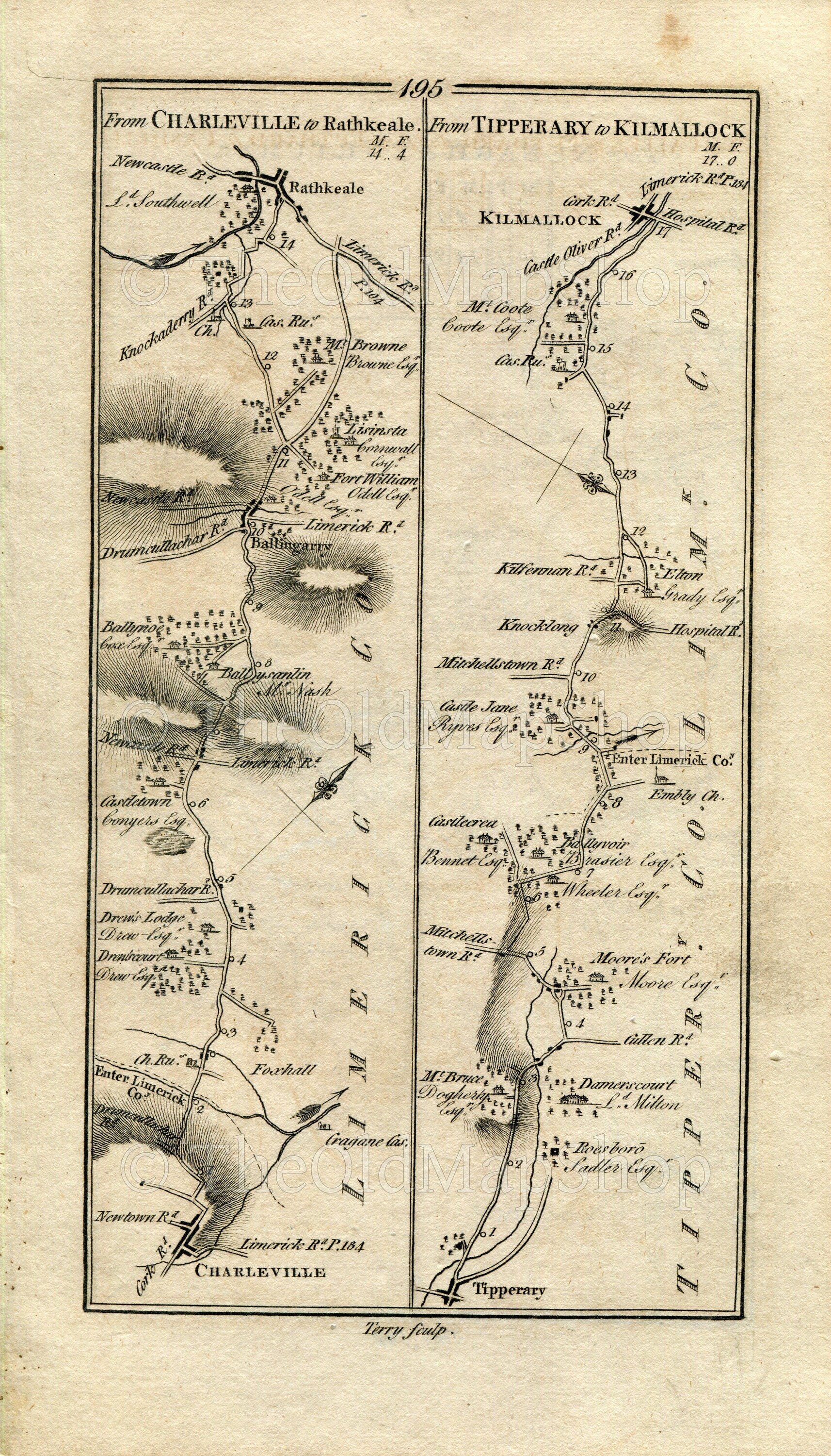 1778 Taylor & Skinner Antique Ireland Road Map 195/196 Charleville Ballingarry Rathkeale Tipperary Kilmallock Nenagh Borrisokane Portumna