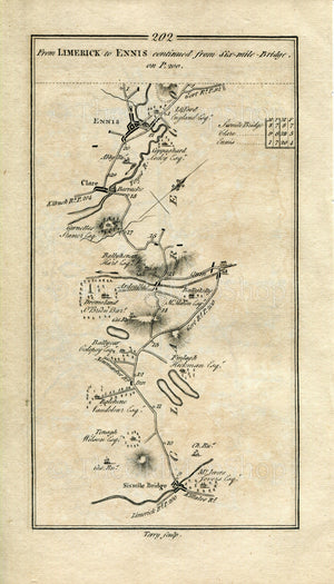 1778 Taylor & Skinner Antique Ireland Road Map 201/202 Gort Kilcolgan Oranmore Galway Sixmilebridge Ralahine Ballycar Quin Clarecastle Ennis