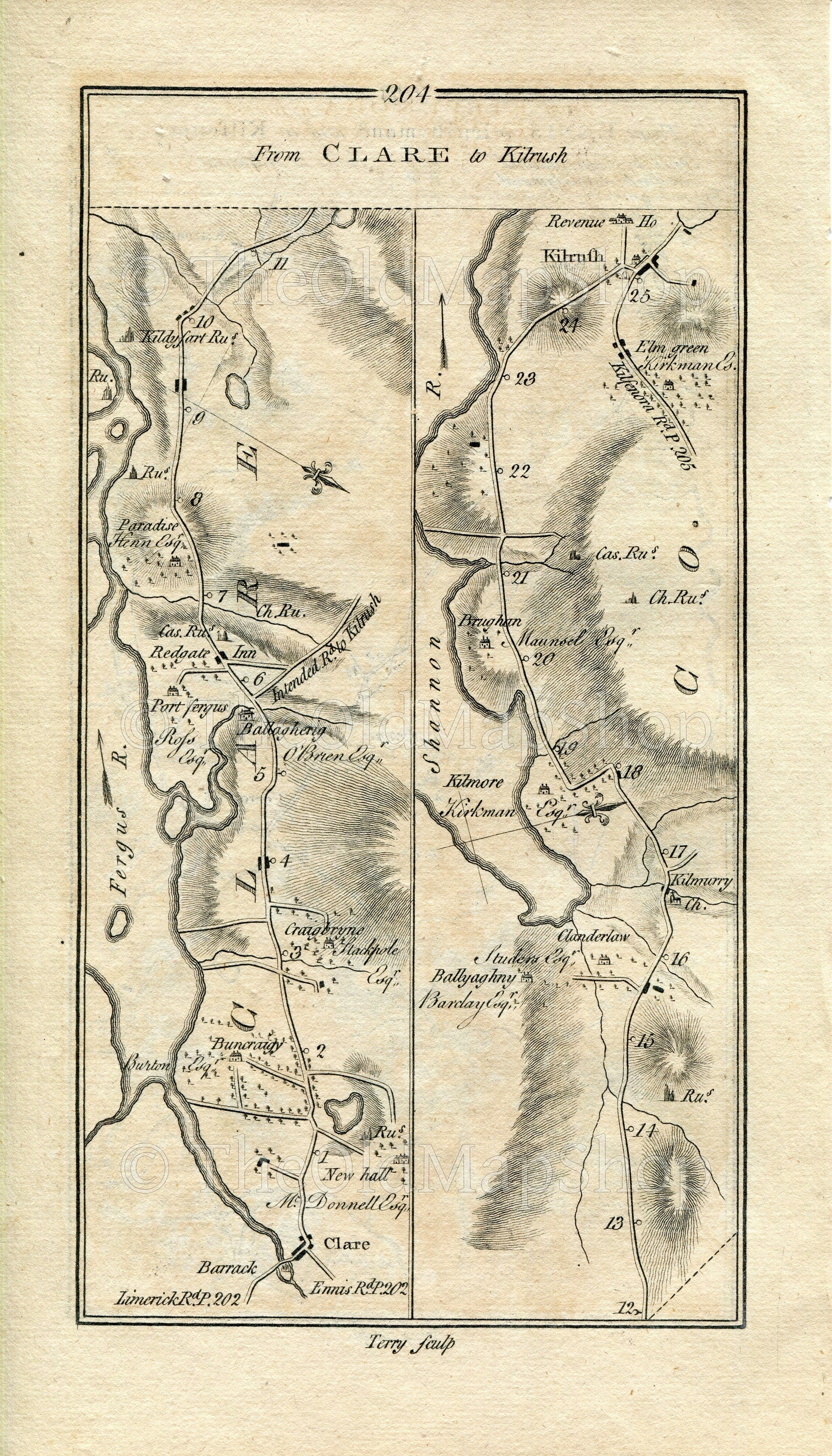 1778 Taylor & Skinner Antique Ireland Road Map 203/204 Corofin Leamaneh Kilfenora Ennistimon Clarecastle Kildysart Kilmurry McMahon Kilrush